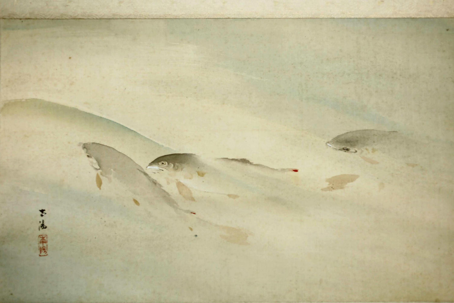 Japanese Watercolor Scroll - Antique Meiji Era Sweetfish Ayu Painting | Signed Kakejiku