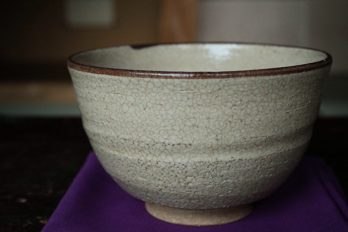 A white ceramic bowl with a brown rim sits on a purple cloth.