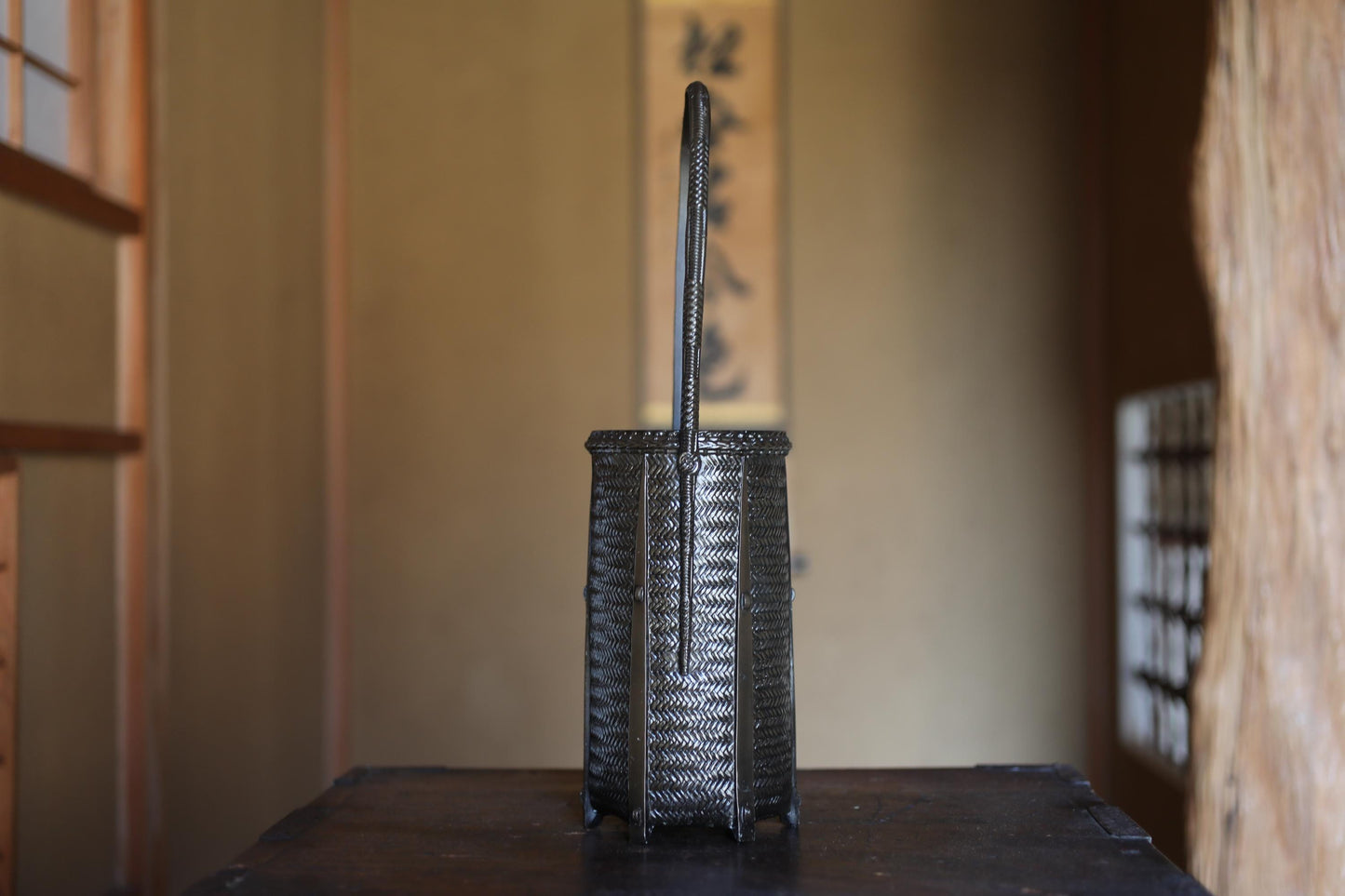 Takaoka Bronze Vase - Japanese Antique Bamboo Basket Vase | Ikebana Flower Holder H16.5in