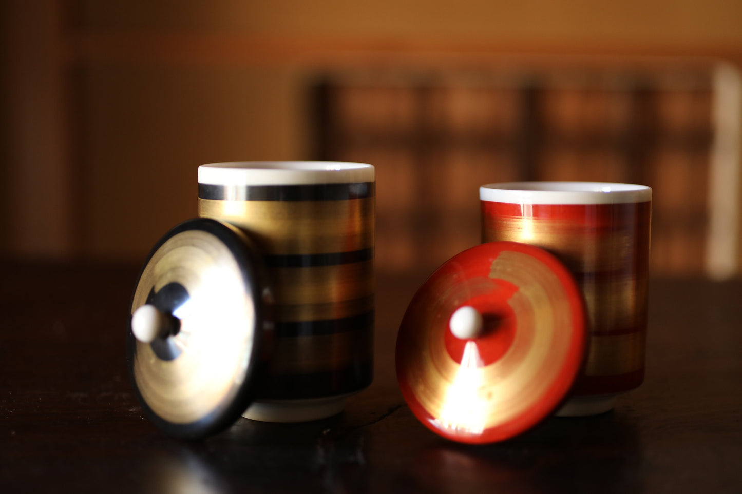 Kutani Porcelain Tea Cups - Black Red Gold Pair with Lids | Japanese Ceramic Gift