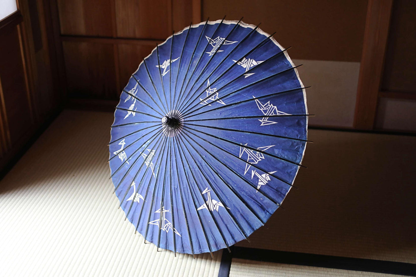 Japanese Bangasa Umbrella - Vintage Paper Parasol with Origami Crane Design & Bamboo Craft