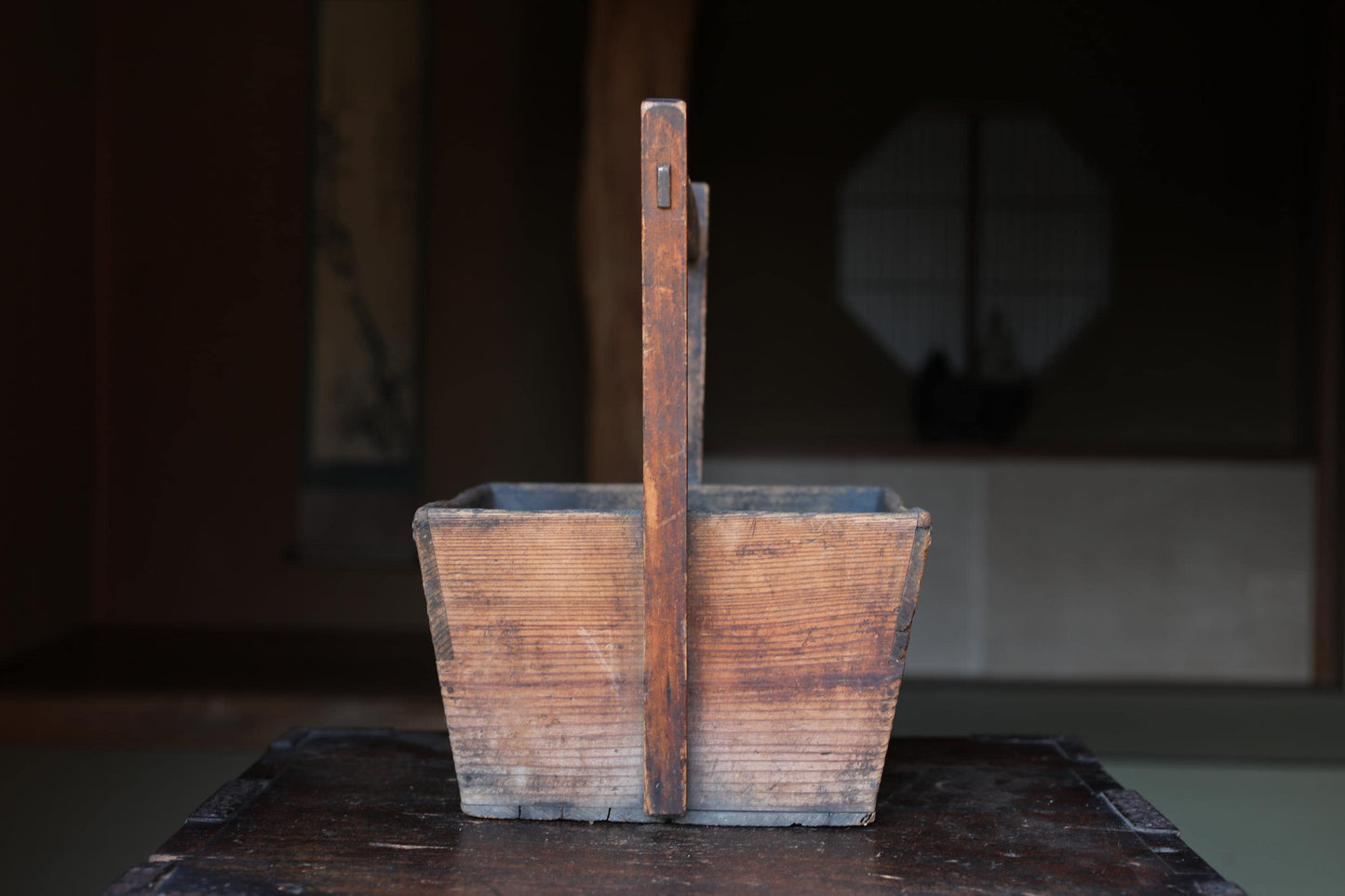 Japanese Charcoal Container - Vintage Wooden Vase with Rustic Kenzan Set