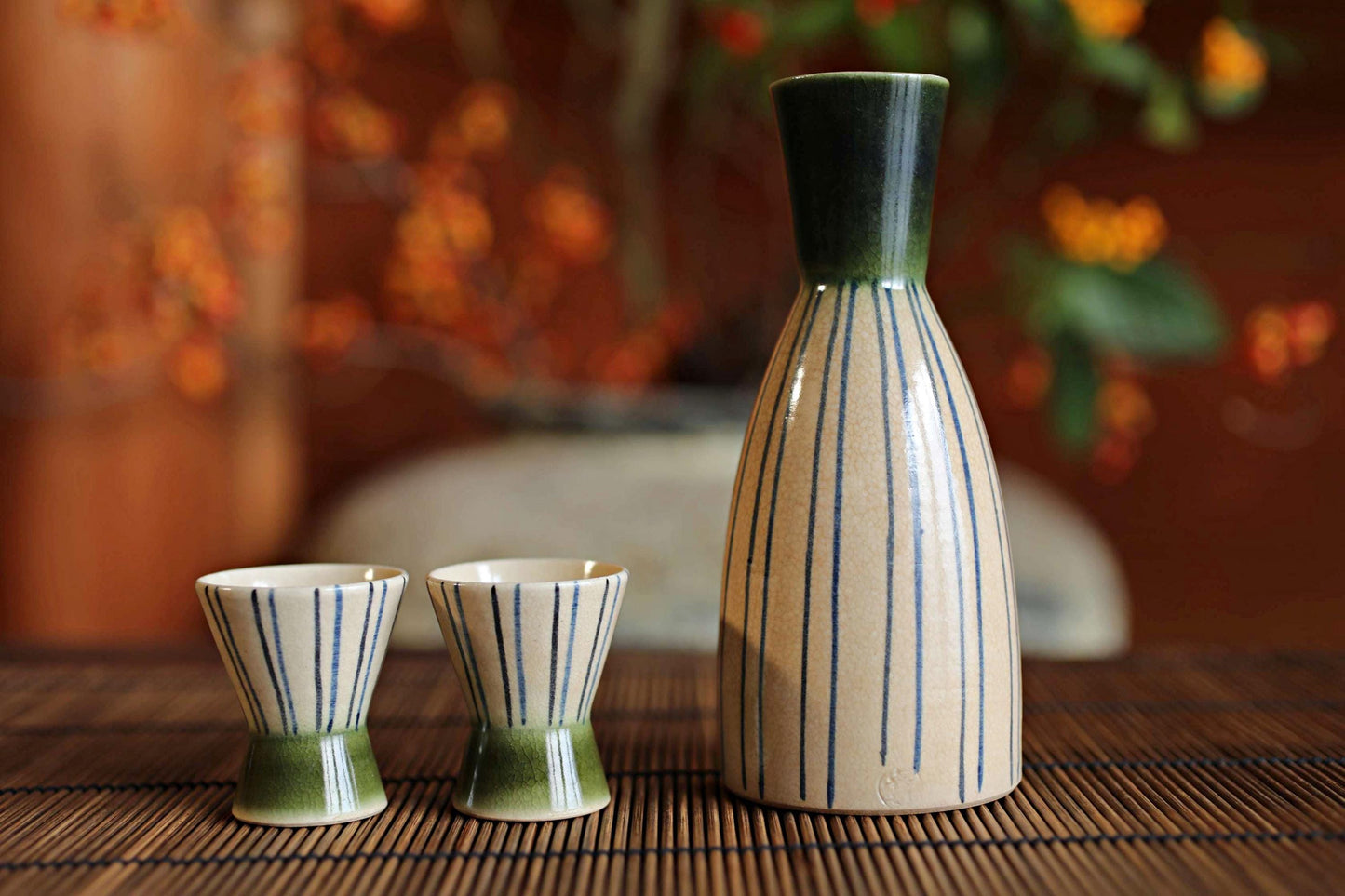Oribe Vintage Sake Set - Signed Ceramic Tokkuri Bottle with Wooden Tray