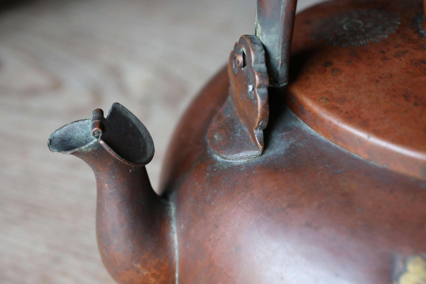 Antique Copper Kettle - Large Japanese Tea Pot With Chrysanthemum & Paulownia Design