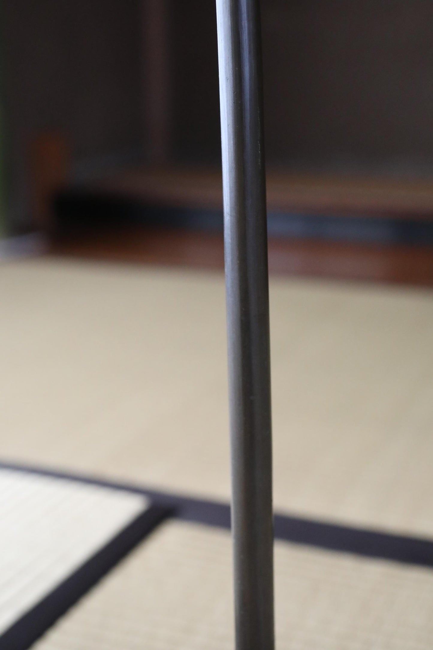 A close-up view of a metal bar or rod, with a blurred background that appears to be a wooden surface or wall.