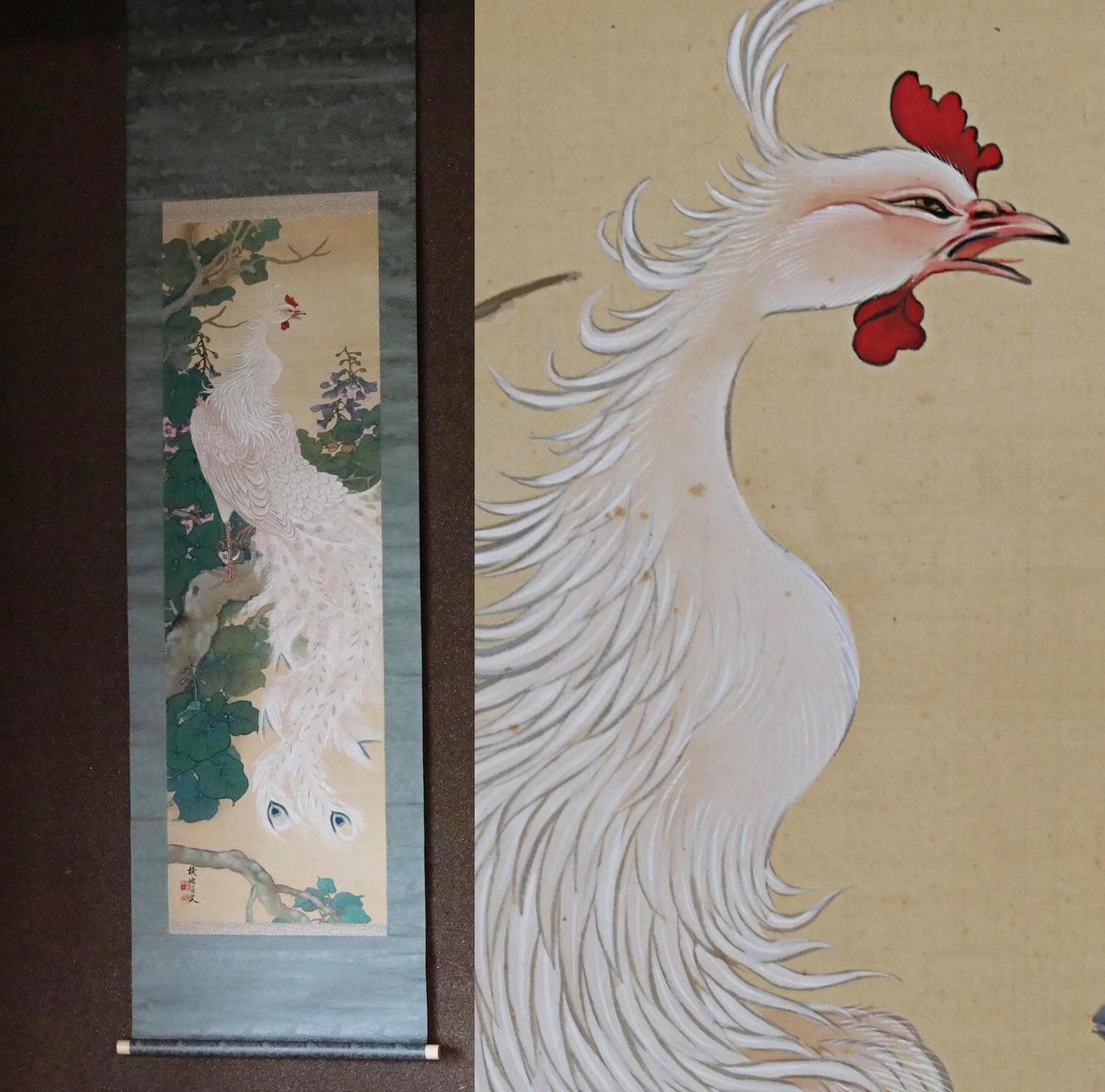 Japanese Antique Scroll Painting - Signed Kakejiku Artwork with Phoenix on Paulownia Silk Mounted Scroll