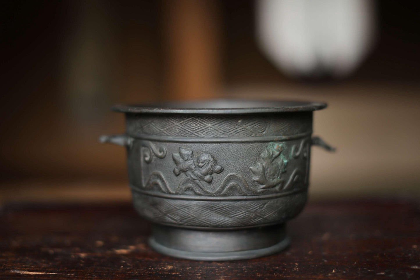 Antique Bronze Censer - Japanese Incense Burner with Lion and Peony Relief