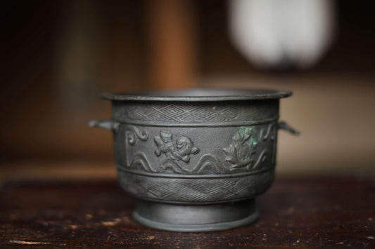 Antique Bronze Censer - Japanese Incense Burner with Lion and Peony Relief