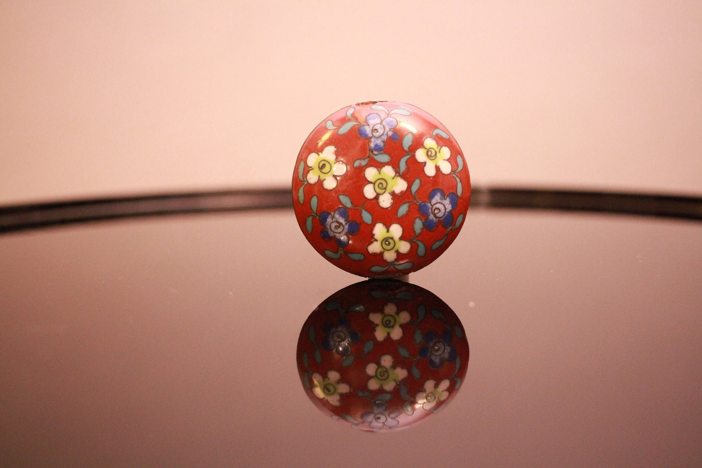 Antique Cloisonne Bead – Japanese Ojime Bead With Red Floral Motif & Silver Fittings