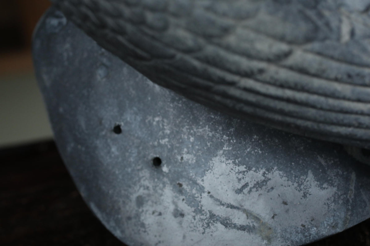 A close-up view of a weathered, textured surface with a few small holes or punctures, suggesting it may be a piece of metal or a similar material.