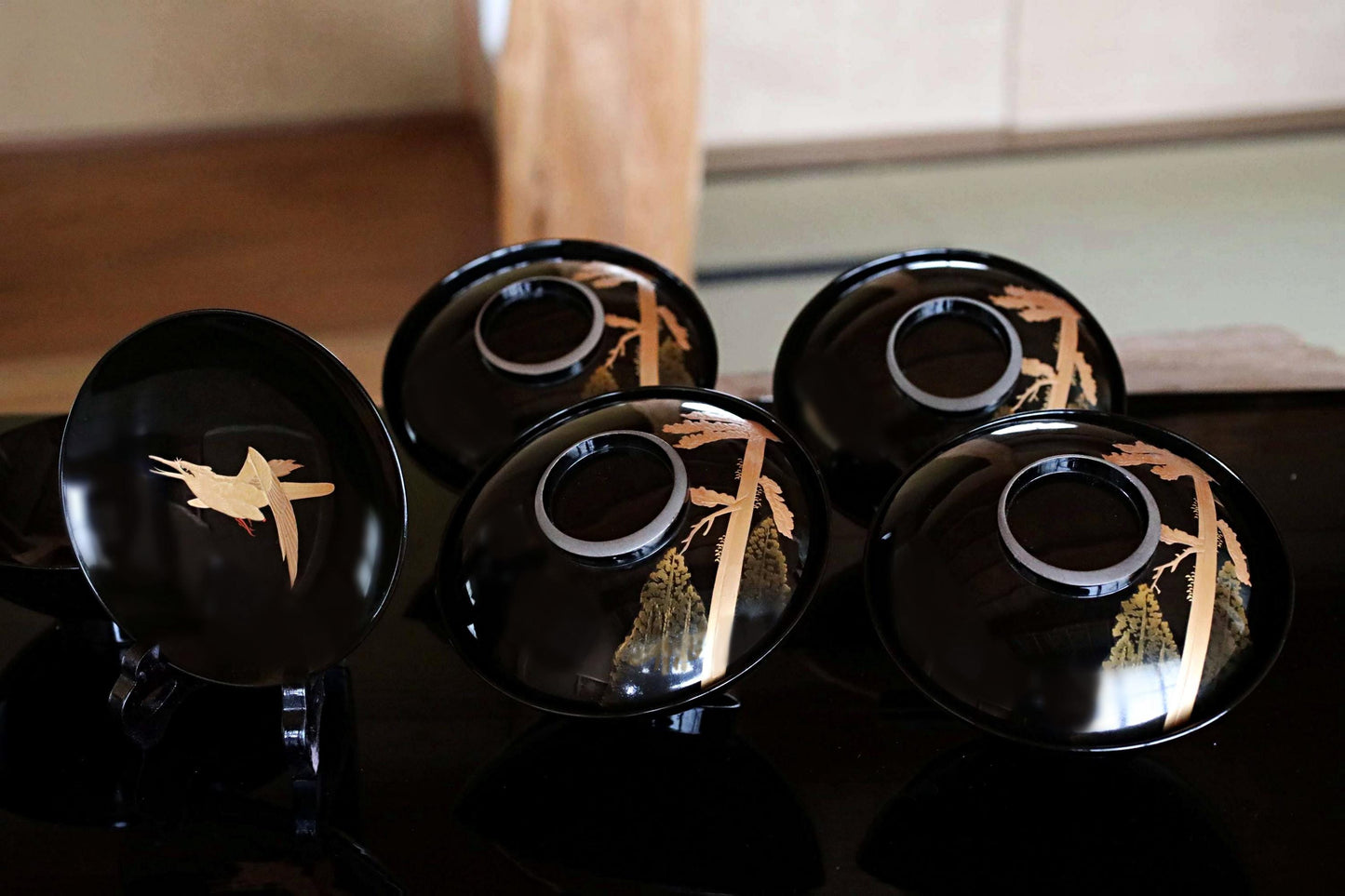 Japanese Lacquer Bowls – Antique Makie Lacquerware Set of 5 with Gold Falcon Design