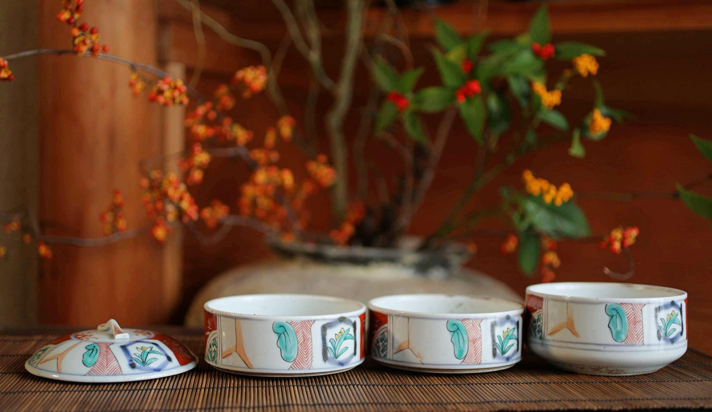 Jubako- Antique Porcelain Box, Seaweed Pattern, Stacking Ceramic Container