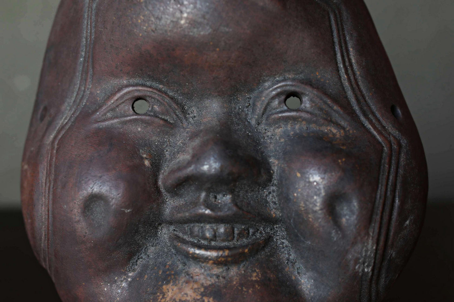 Bizen Ware Otafuku Mask - Antique Japanese Ceramic Wall Decor | Prosperity Symbol