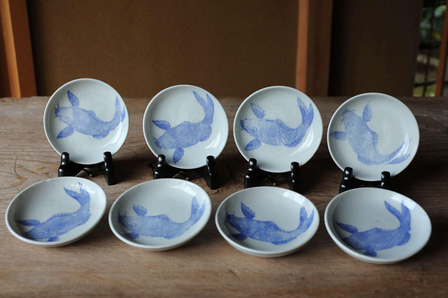 Vintage Japanese Porcelain Plates – Set of 8 Small Blue White Koi Carp Fish Design