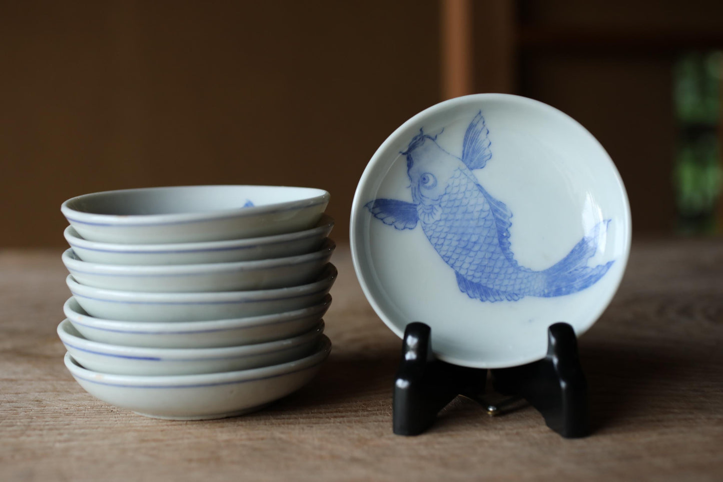 Japanese Porcelain Plates – Vintage Indigo Carp Design | Set of 8 Handmade Ceramic Dishes