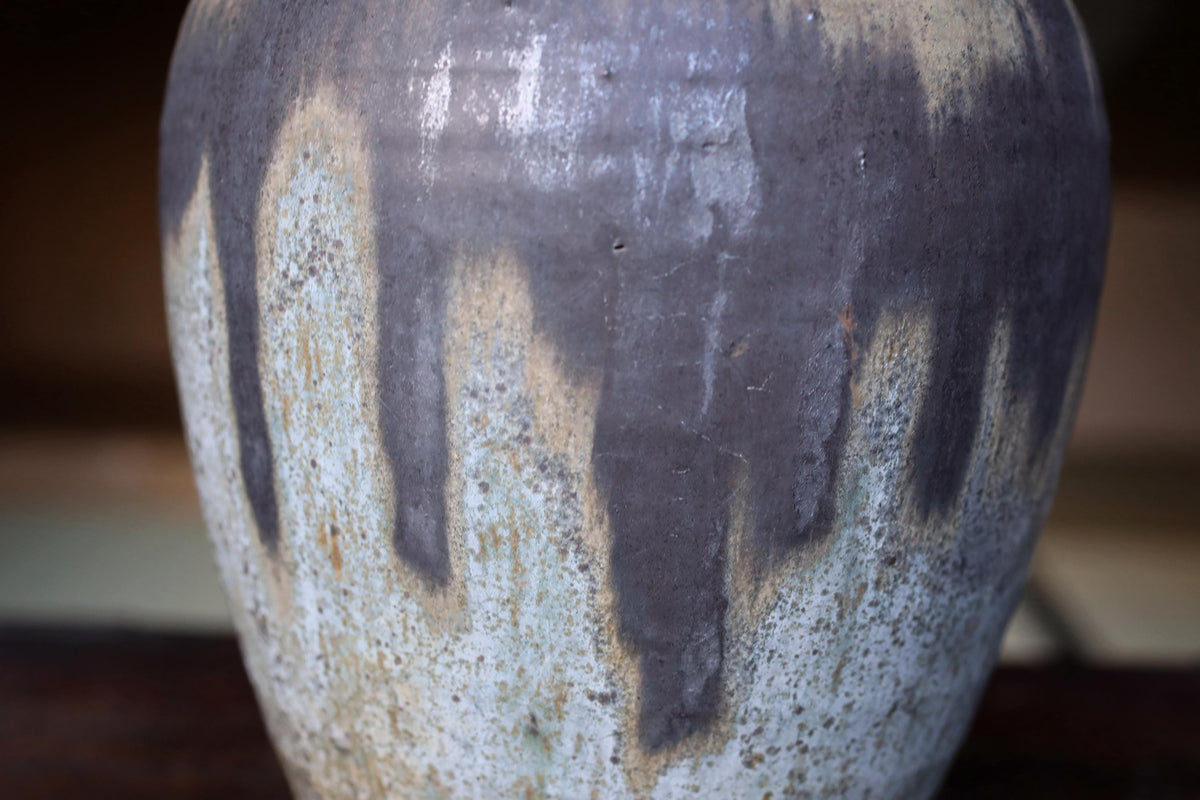 A close-up image of a ceramic vase with a textured, speckled surface in shades of gray and white.