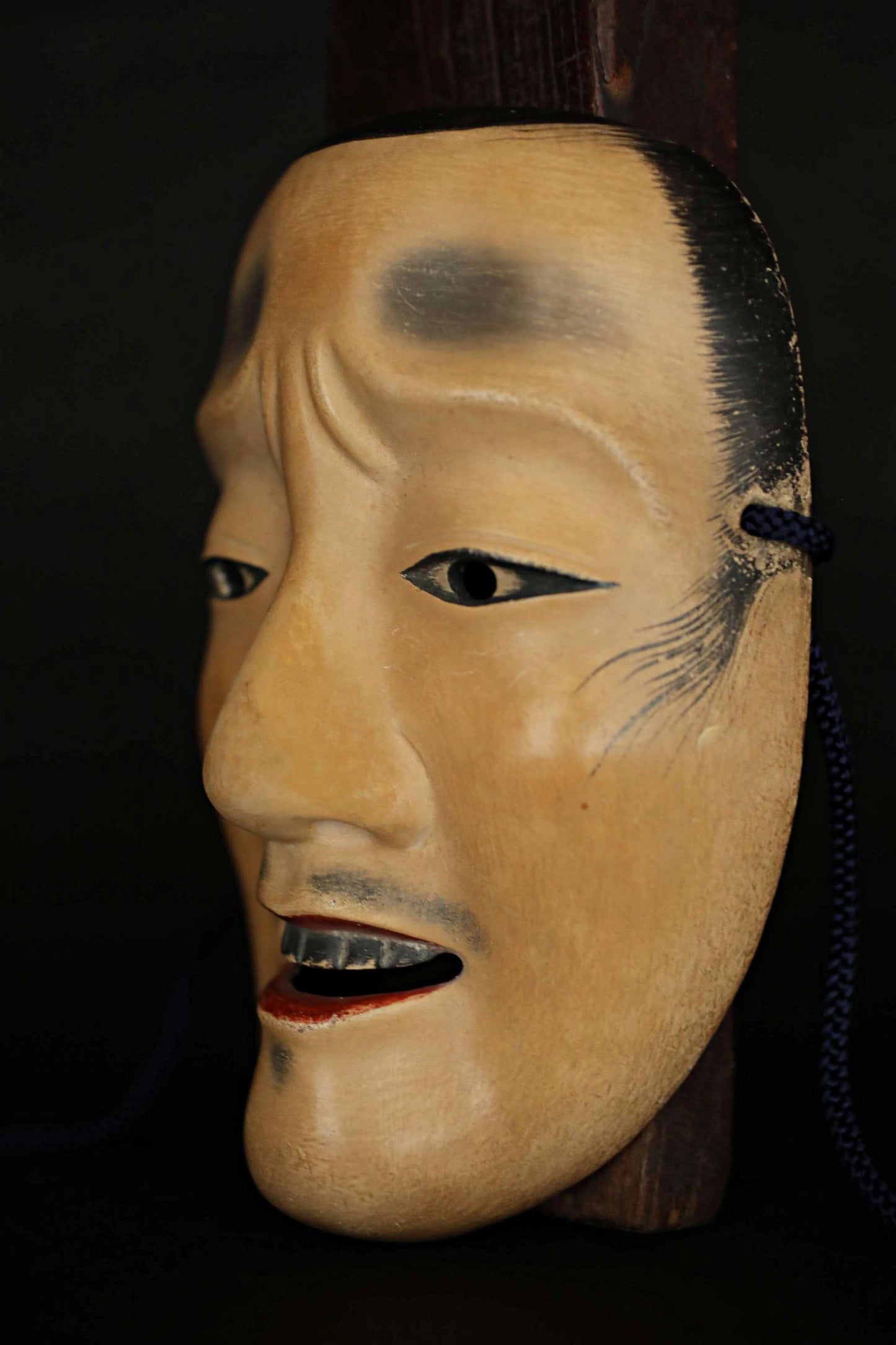 Antique Japanese Noh Mask - Chujo Samurai Hand Carved Wood Carving Art with Silk Bag