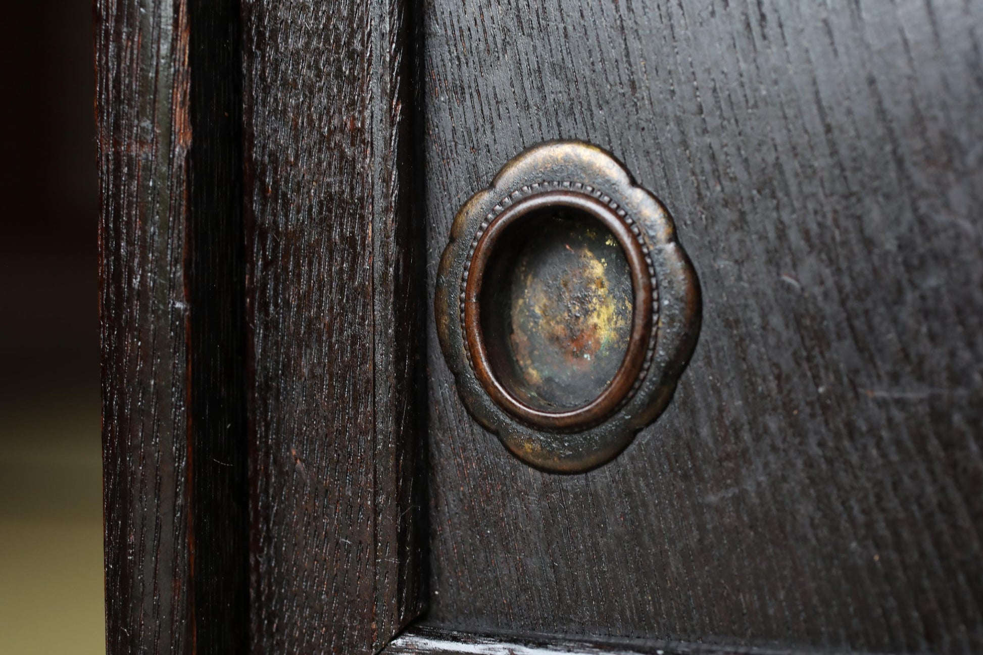 A close-up view of a metal door handle with a decorative oval-shaped attachment, set into a dark wooden surface.