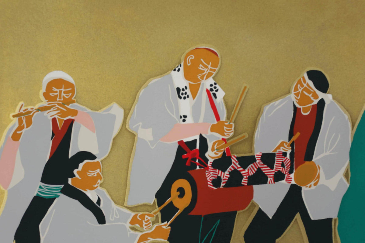 a group of people playing musical instruments, including drums and flutes, in a lively and energetic performance.