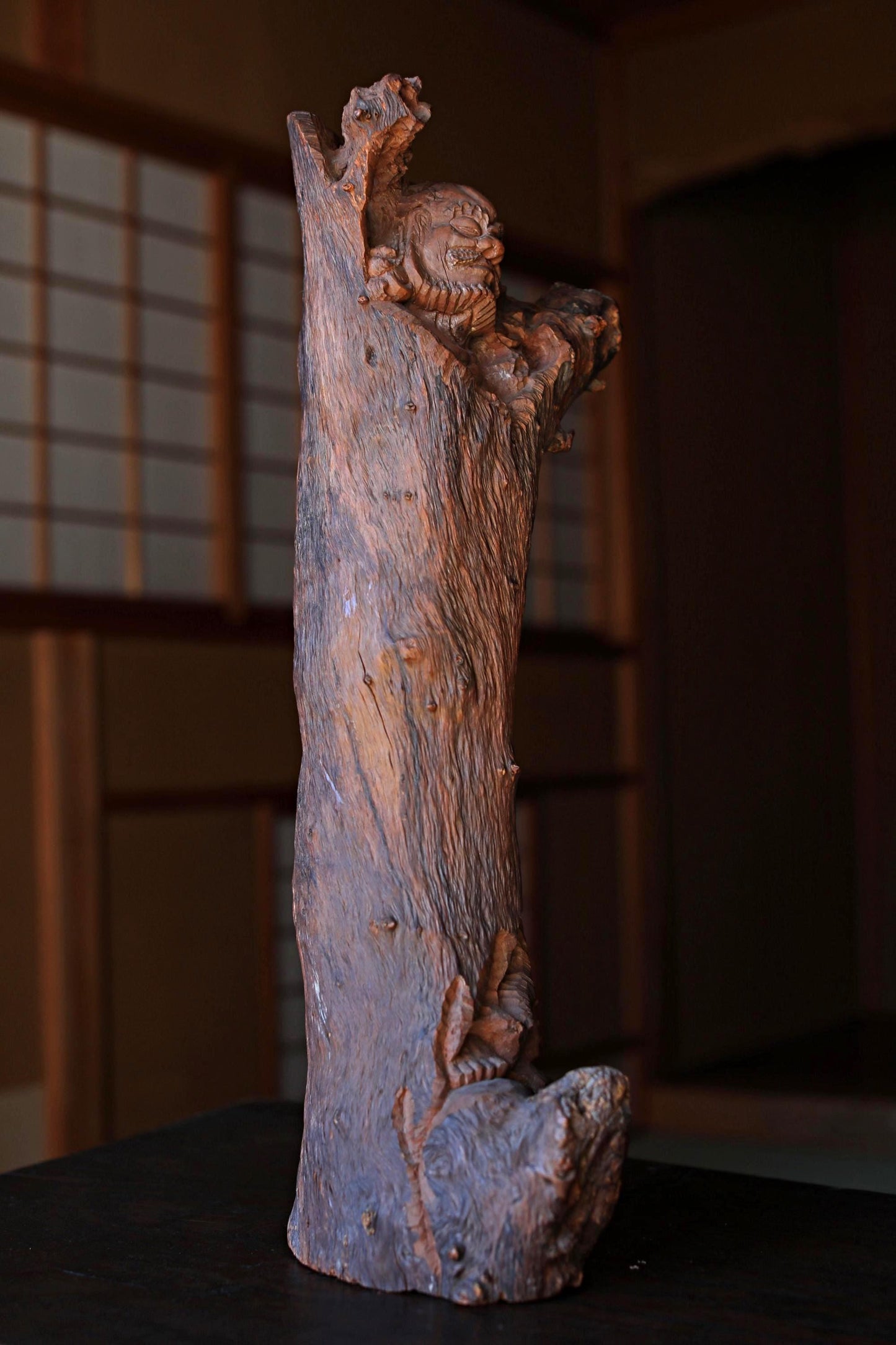Japanese Daruma Sculpture - Large Hand Carved Wood Burl Art Zen Buddhist Statue