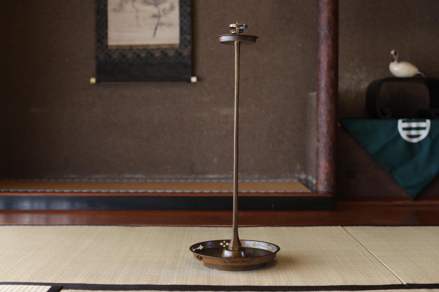 Japanese Bronze Candle Stand - Antique Samurai Temple Lantern With Openwork Family Crest Design