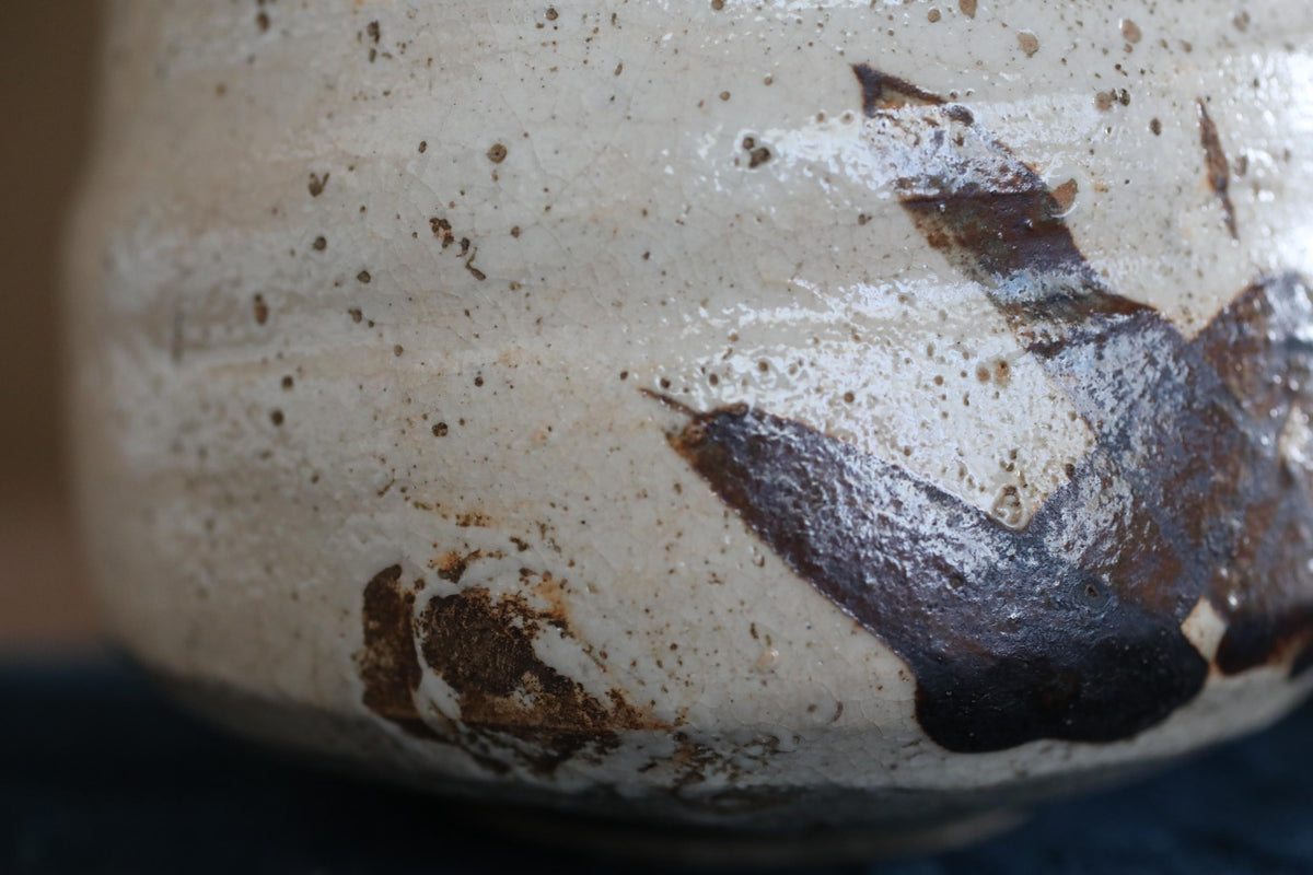 A close-up view of a ceramic object with a speckled, speckled pattern and a dark, speckled area on its surface.