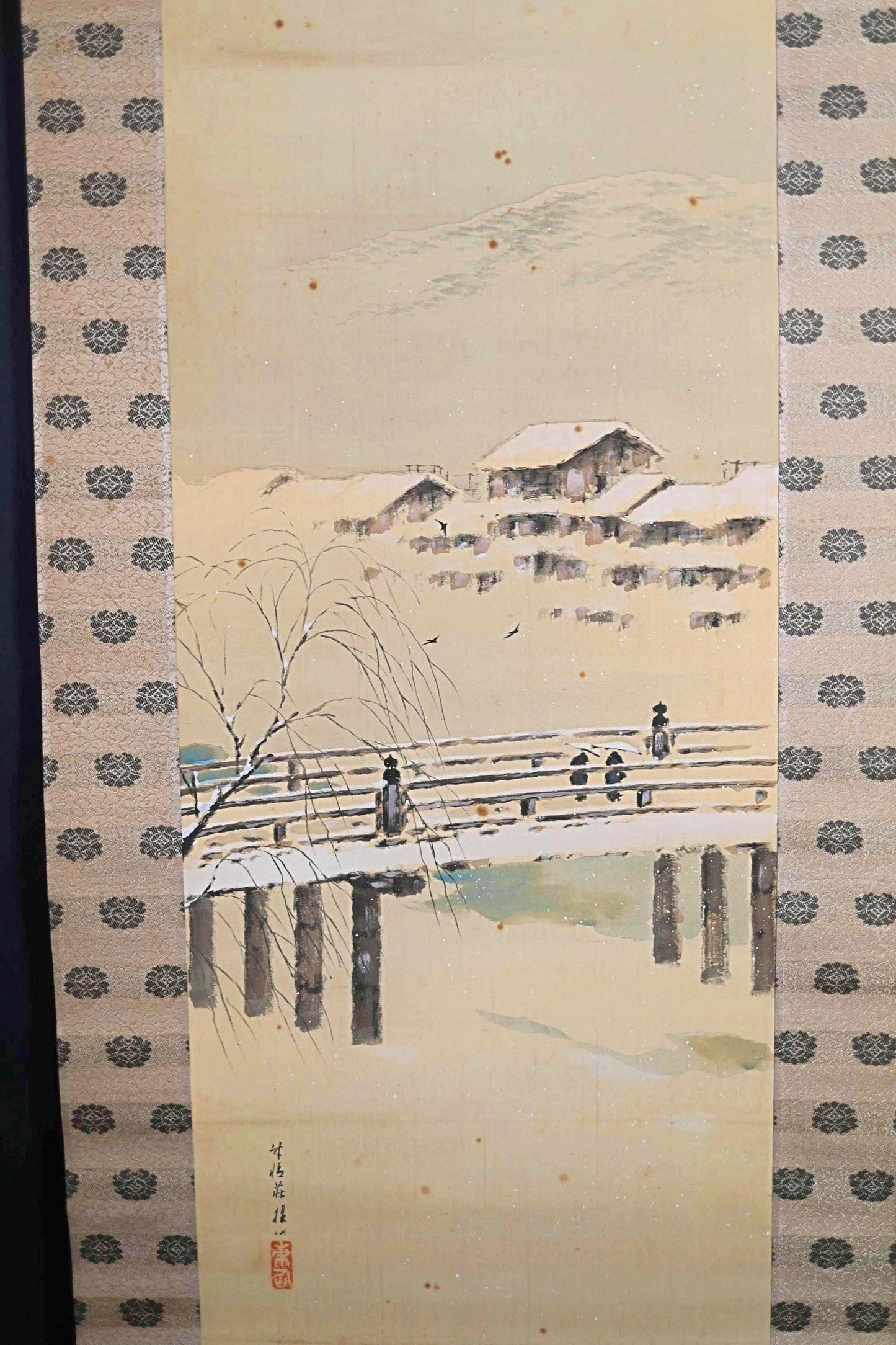 Japanese Antique Scroll - Kyoto Snow Painting on Silk and Paper, Signed Hirai Baisen Artwork