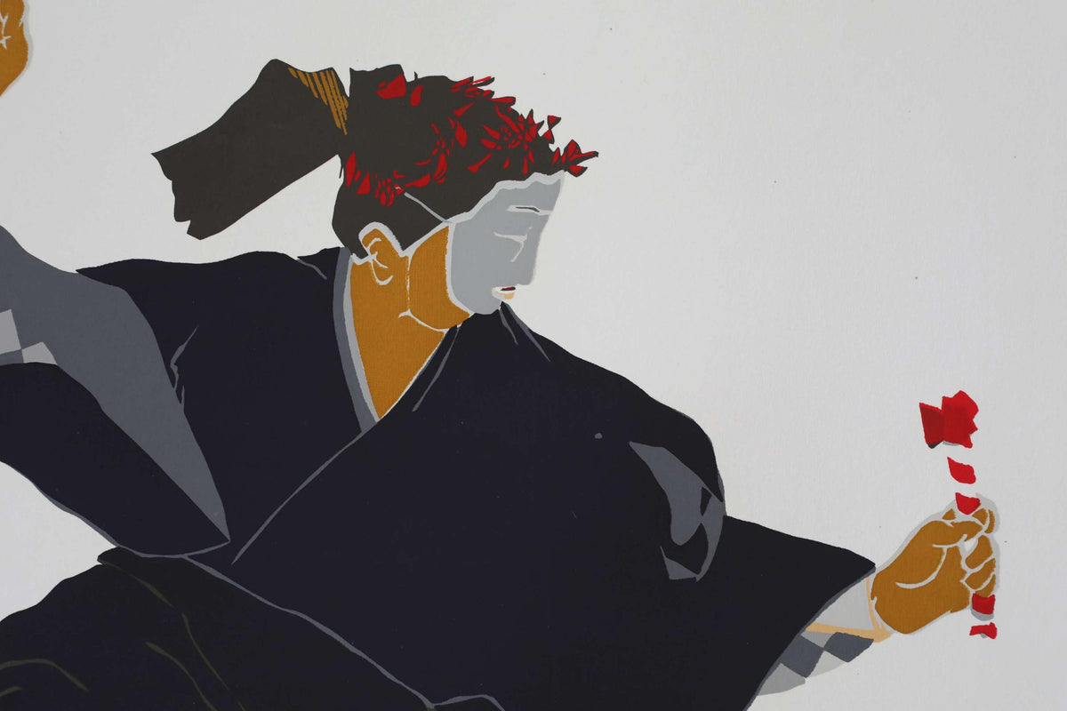A stylized illustration of a person wearing a black outfit with a red headdress, holding a red flower.