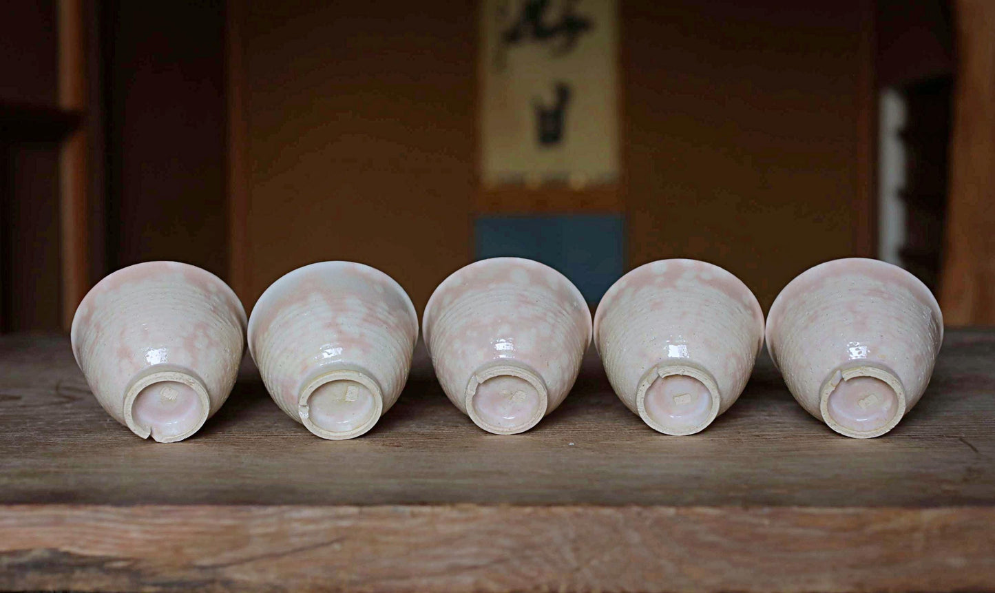 Vintage Hagi Ware Tea Cups - Set of Five Handmade Ceramic Yunomi Cups with Wooden Box