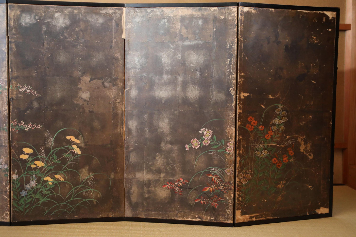 Japanese Antique Byobu Folding Screen - Tale of Genji Art, Gold & Silver Leaf, 17th Century Paravent