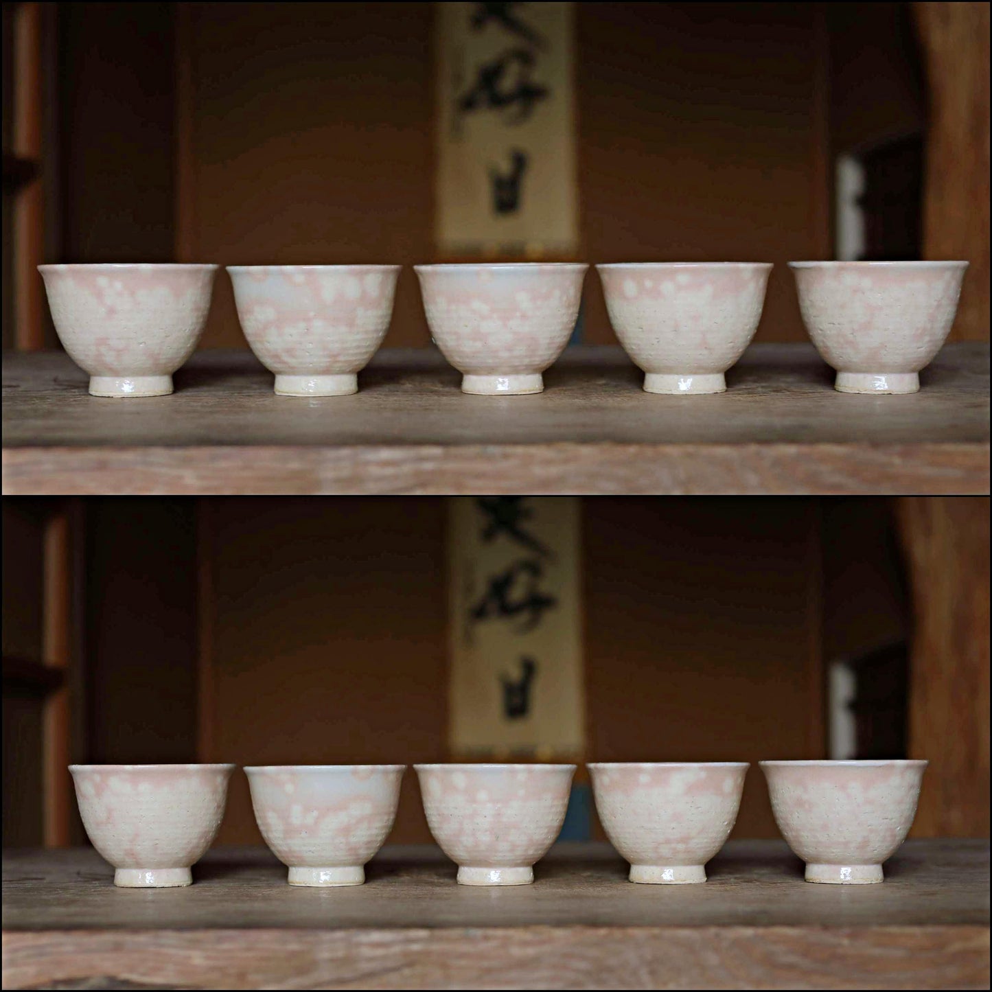 Vintage Hagi Ware Tea Cups - Set of Five Handmade Ceramic Yunomi Cups with Wooden Box