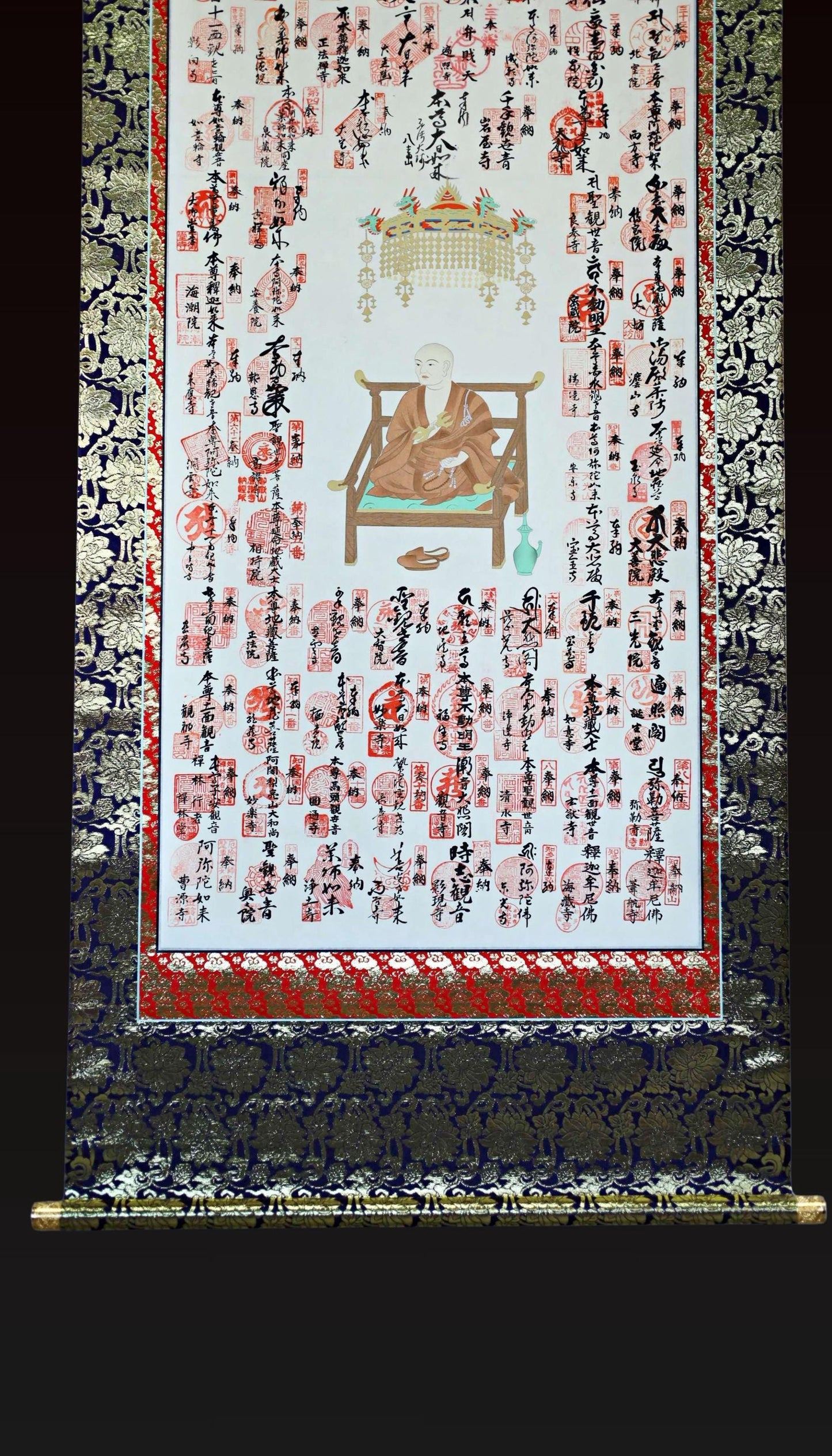 Japanese Vintage Kakejiku Hanging Scroll Art – Shikoku Pilgrimage Stamps with Wooden Box