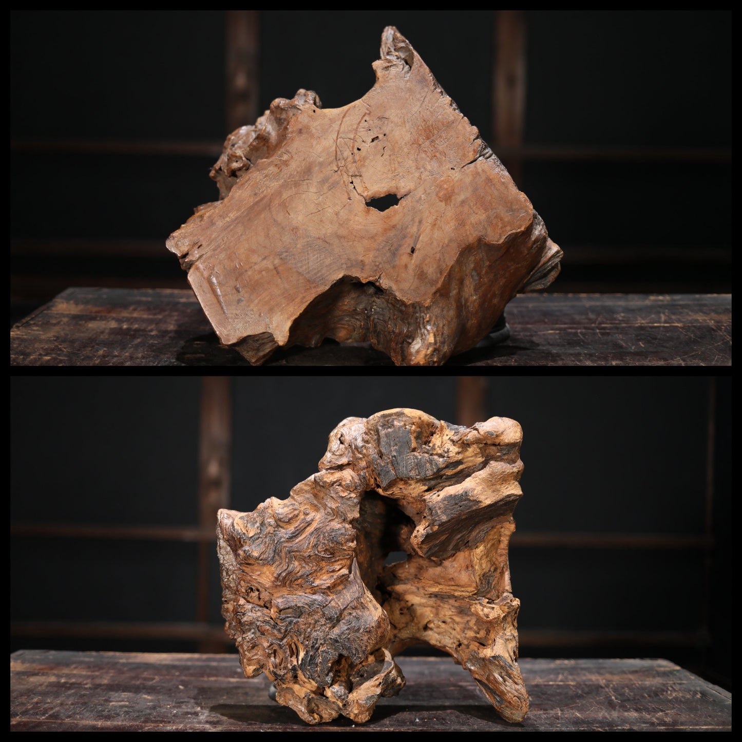 Wood Burl Display Stand - Japanese Antique Pedestal With Large Wood Slab Base