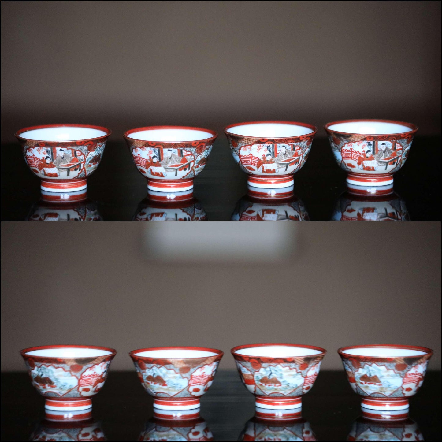 Kutani Tea Set - Vintage Japanese Ceramic Cups With Red Gold Tableware & Gold Ring Pot