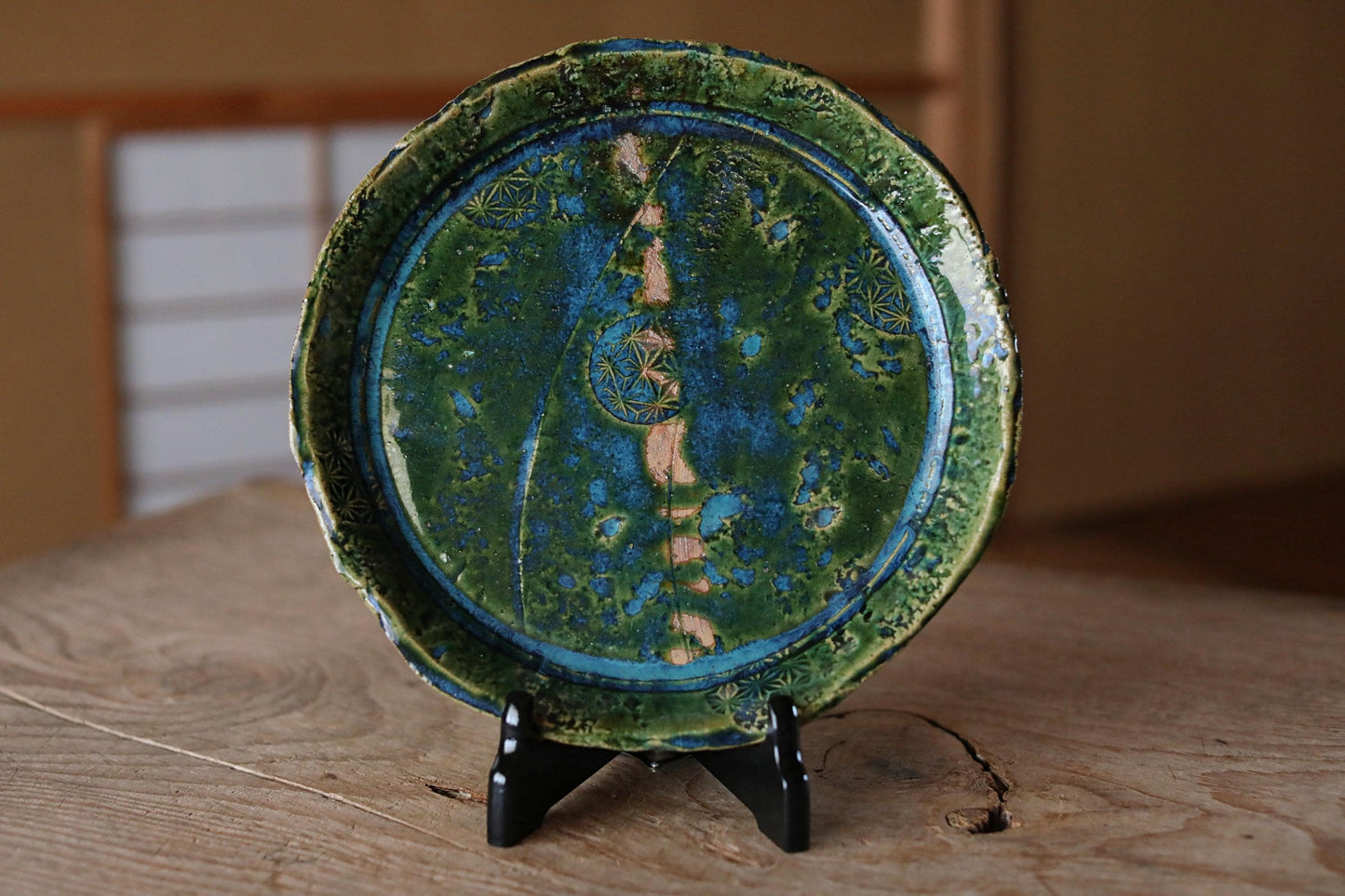 Oribe Ceramic Platter - Handmade Japanese Green Pottery Dish | Abstract Kiln Art