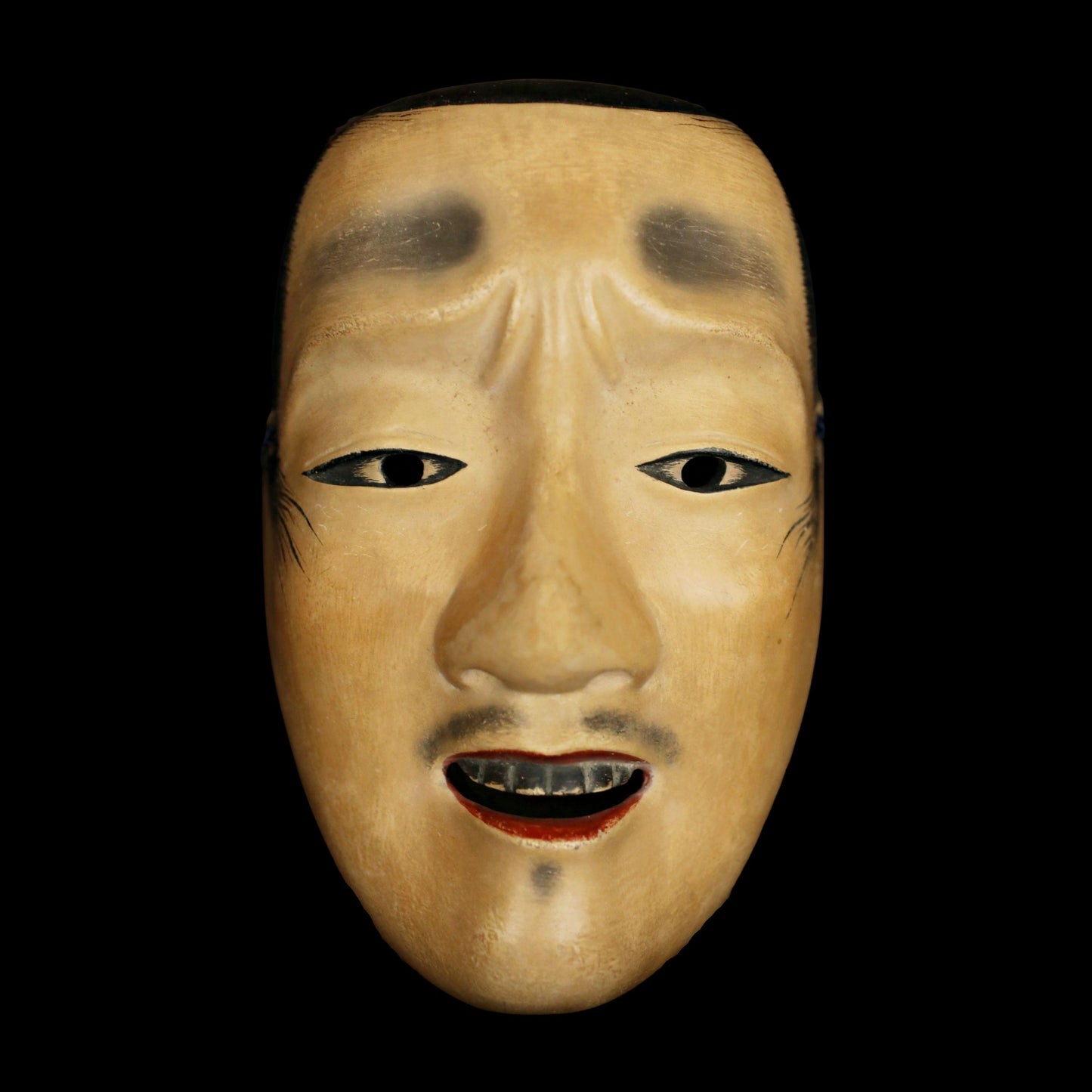 Antique Japanese Noh Mask - Chujo Samurai Hand Carved Wood Carving Art with Silk Bag