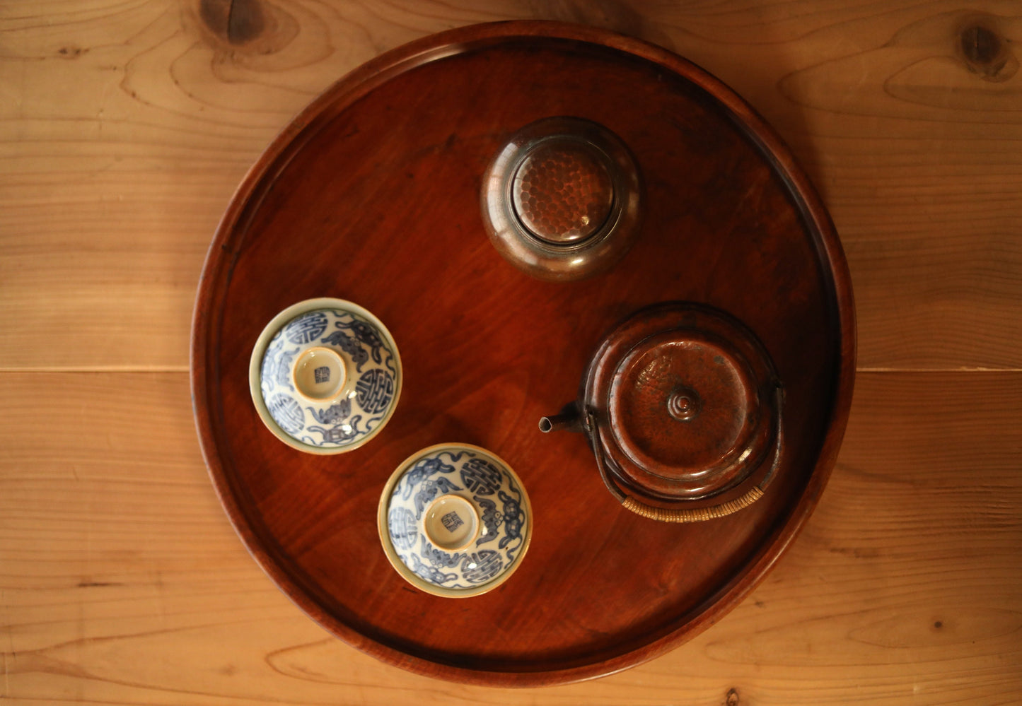 Japanese Wooden Tray - Vintage Round Wood Grain Obon for Tea Ceremony 13in