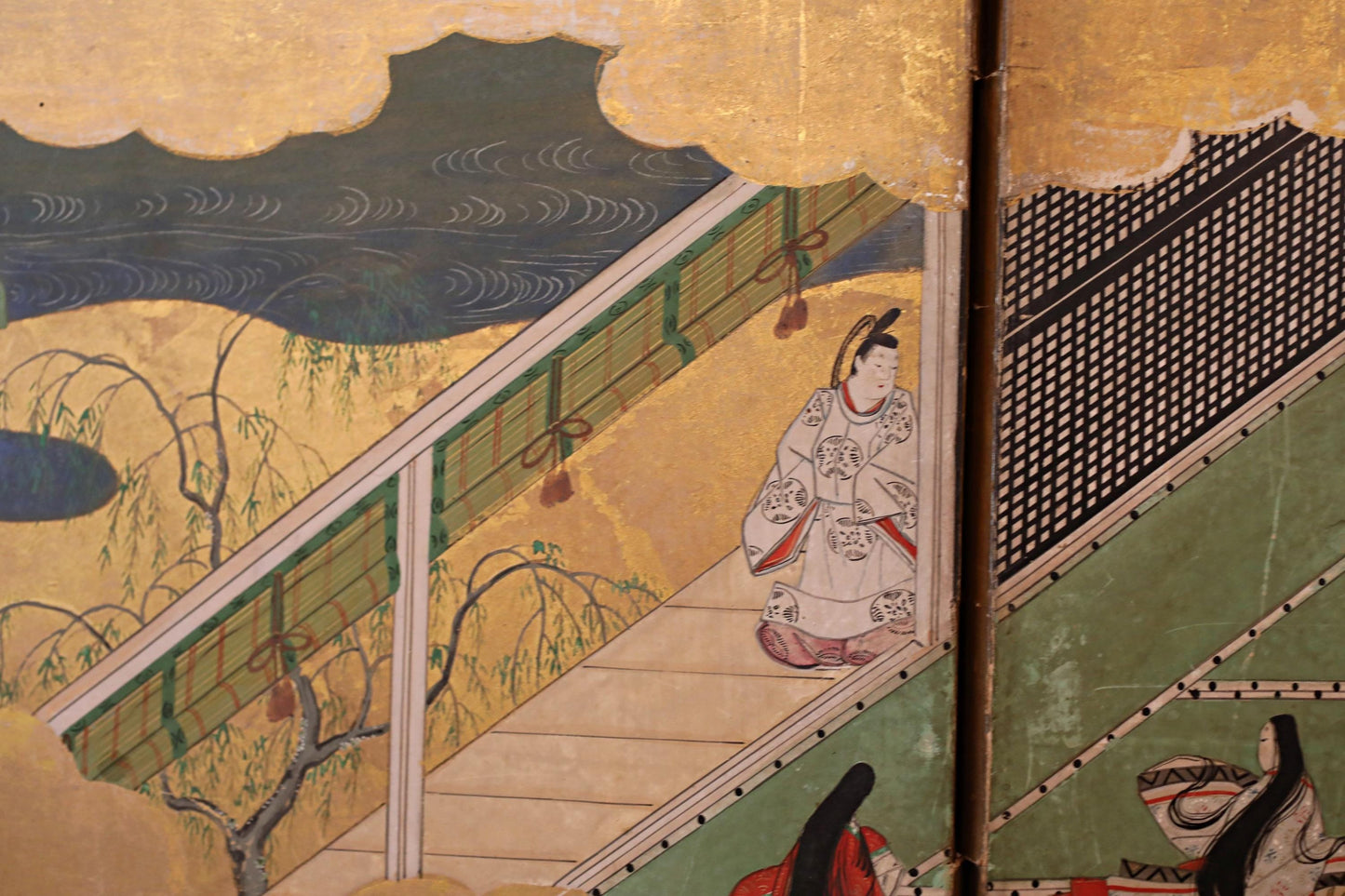 Japanese Antique Byobu Folding Screen - Tale of Genji Art, Gold & Silver Leaf, 17th Century Paravent