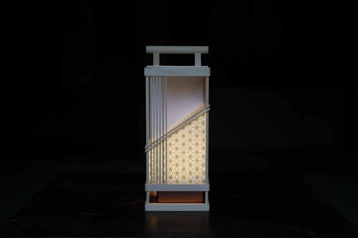 A white lantern with a geometric pattern illuminated in the dark.