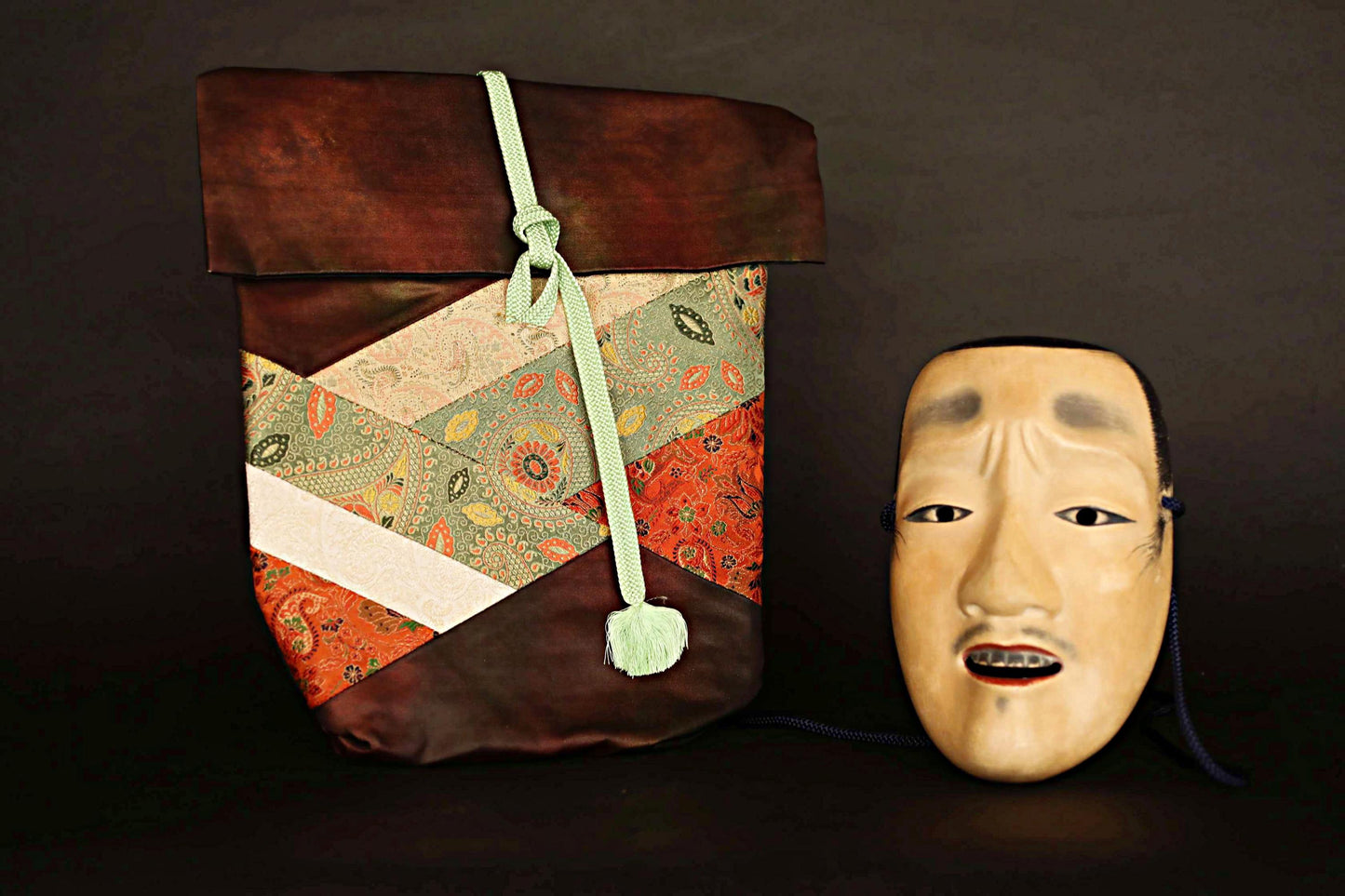Antique Japanese Noh Mask - Chujo Samurai Hand Carved Wood Carving Art with Silk Bag