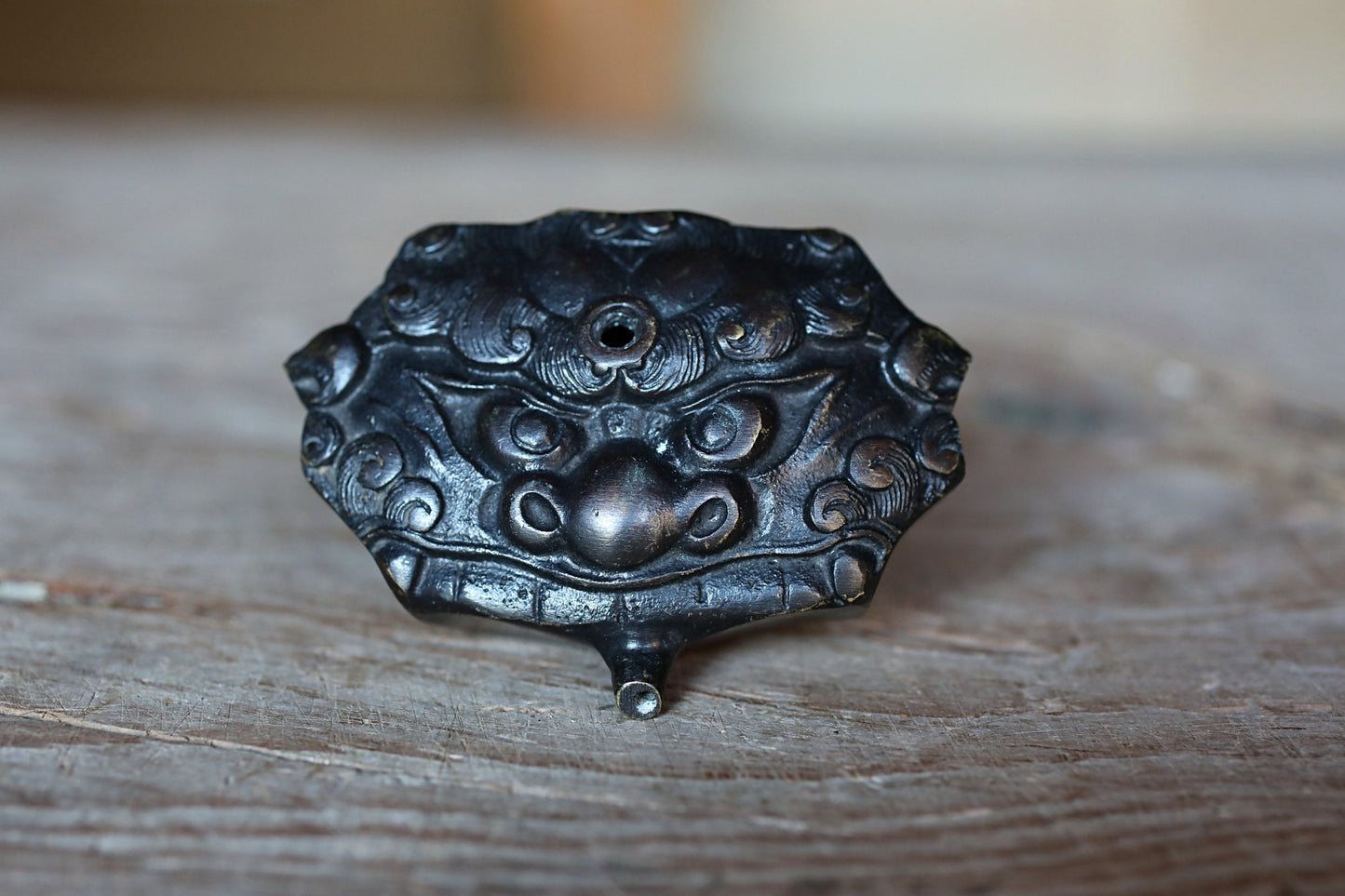 Antique Demon Water Dropper - Japanese Bronze Ink Container With Demon Face Motif