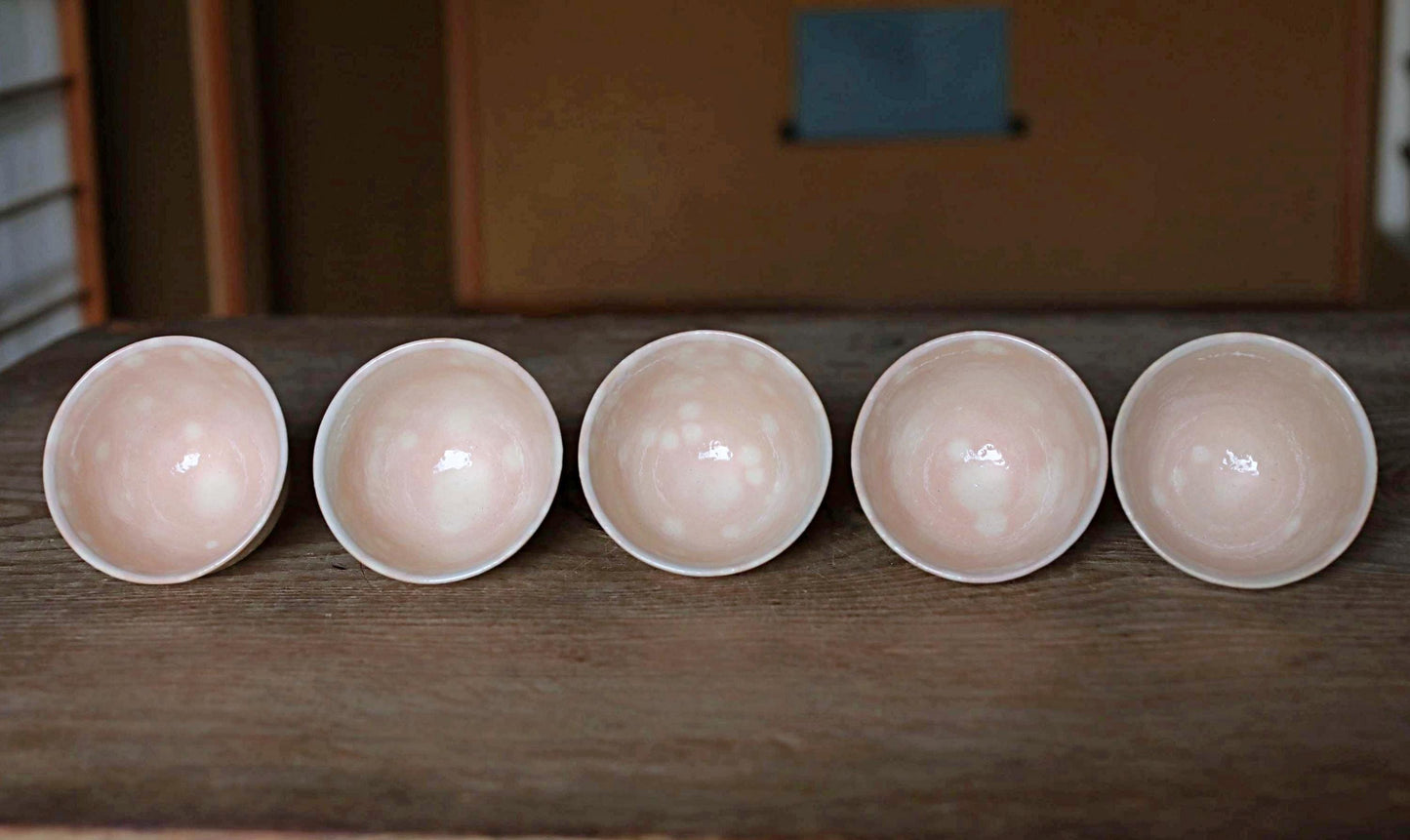 Vintage Hagi Ware Tea Cups - Set of Five Handmade Ceramic Yunomi Cups with Wooden Box