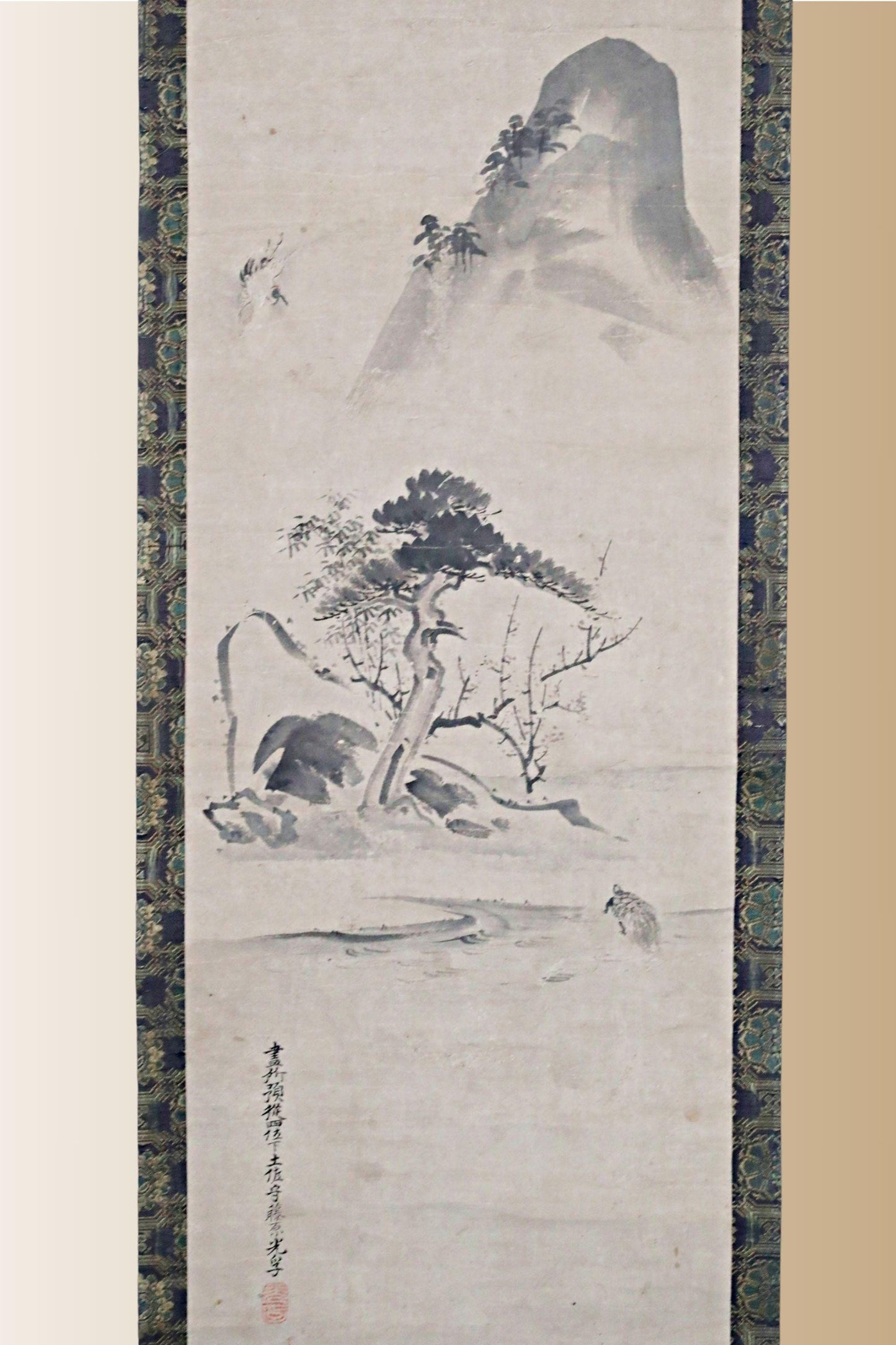 Japanese Antique Scroll - Edo Period Art Kakejiku with Crane and Turtle Ink Wash Painting
