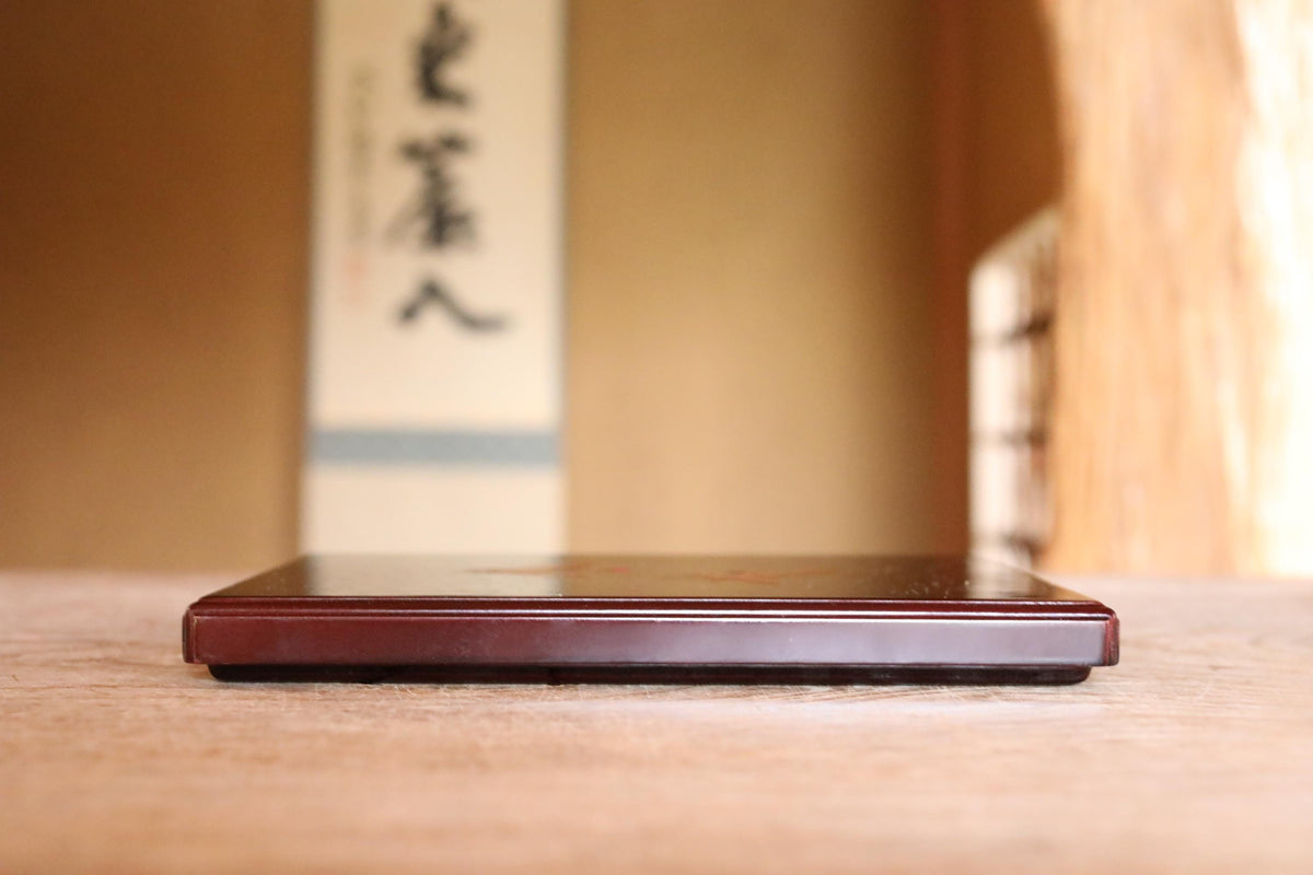 A wooden surface with a dark-colored object, possibly a piece of furniture or a decorative item, placed on it.