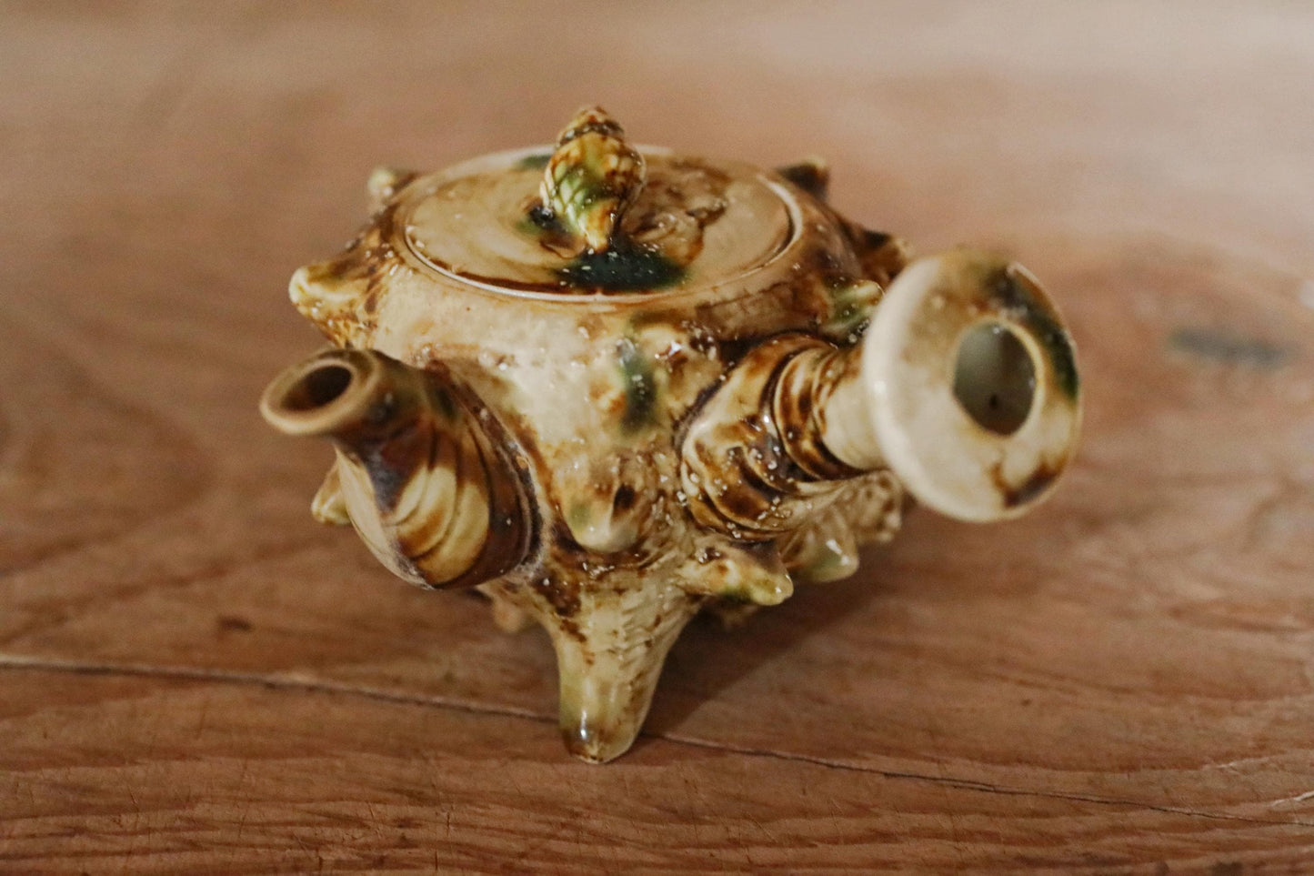 Vintage Ceramic Teapot - Japanese Sencha Tea Pot with Turban Shell Design & Green Oribe Glaze