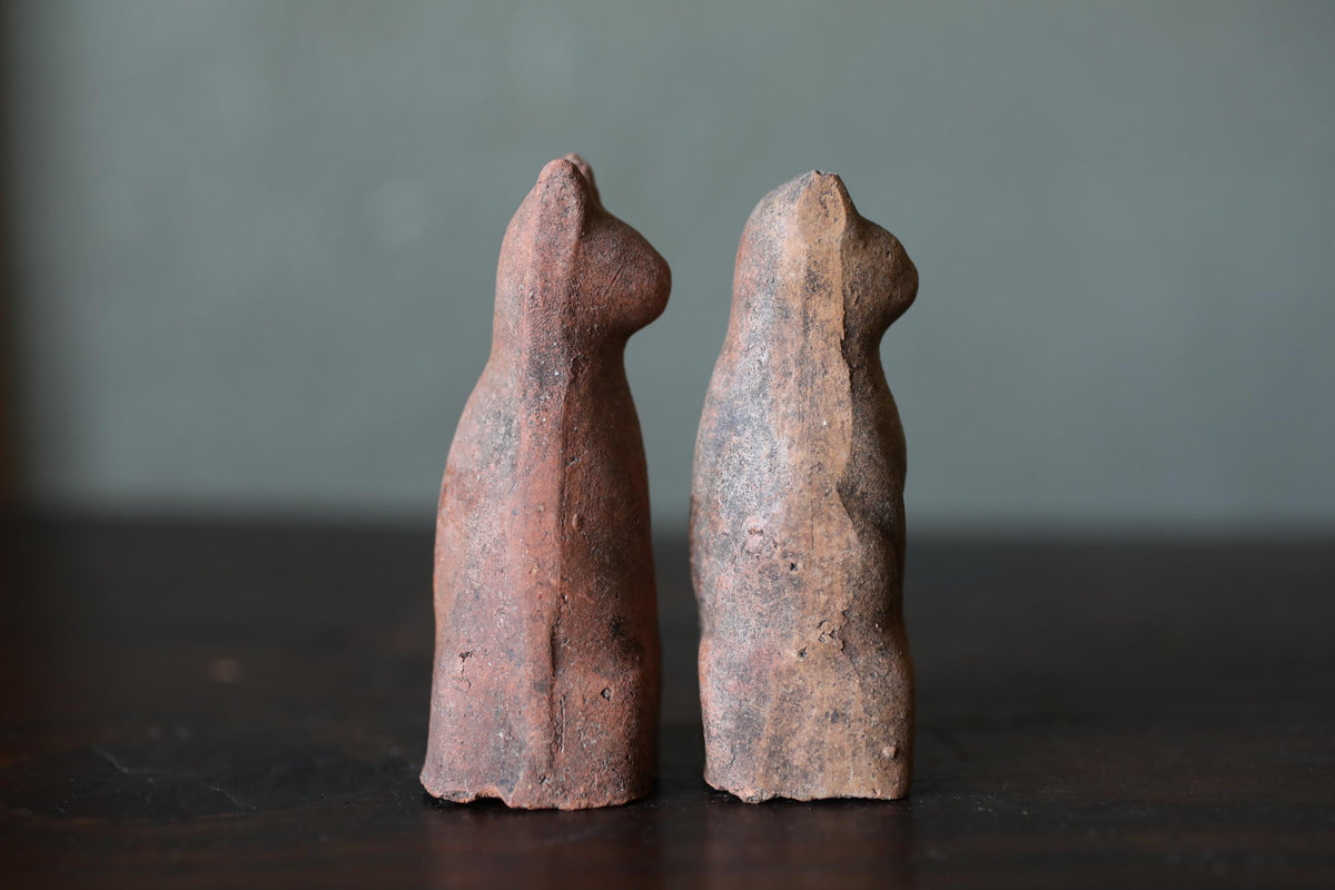 Japanese Antiques KITSUNE Dolls, Imado-yaki Pottery Pair (H3.7in)
