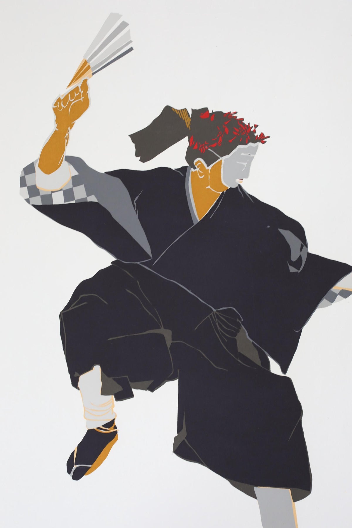 A stylized illustration of a person in traditional Japanese attire, holding a fan and appearing to be in motion.