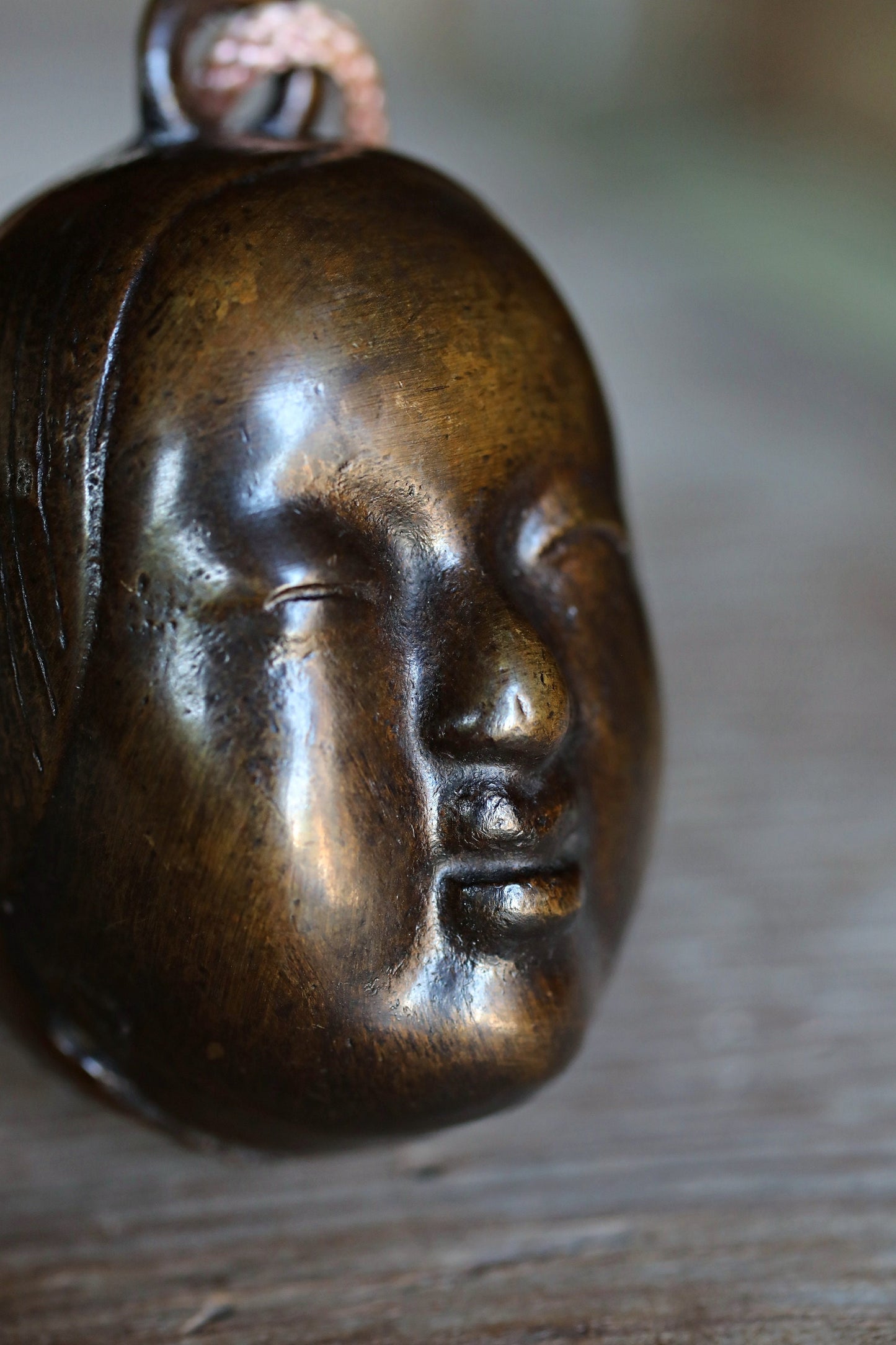 Vintage Bronze Bell - Japanese Noh Mask Koomote Ornament Paperweight 3in