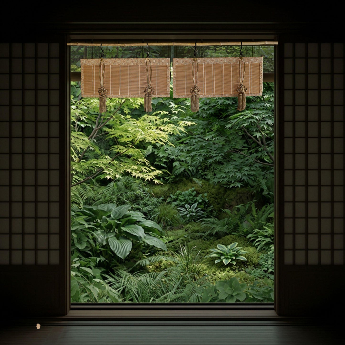 a serene and lush garden view through a window, with a traditional Japanese-style sliding door frame visible on the left side.