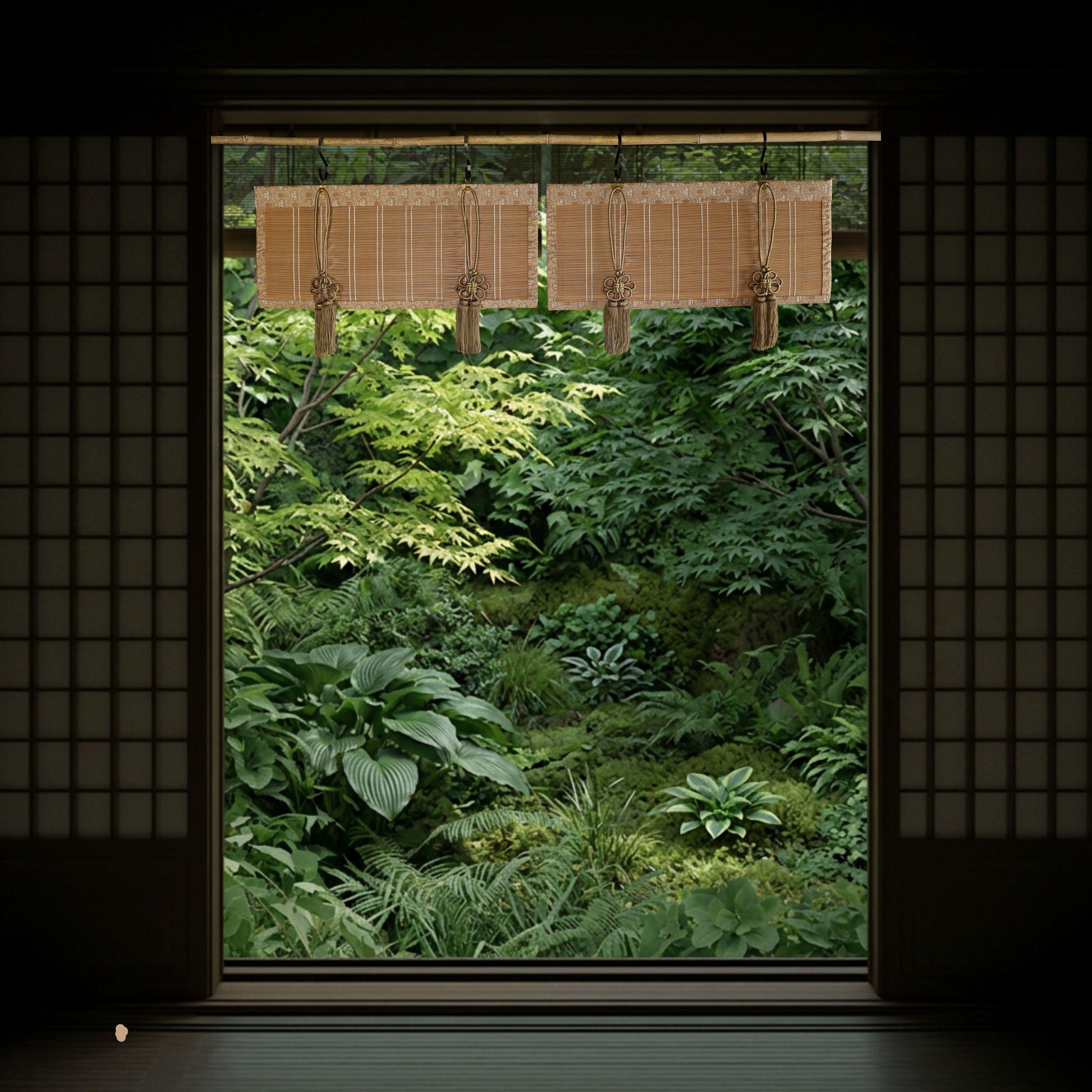 a serene and lush garden view through a window, with a traditional Japanese-style sliding door frame visible on the left side.